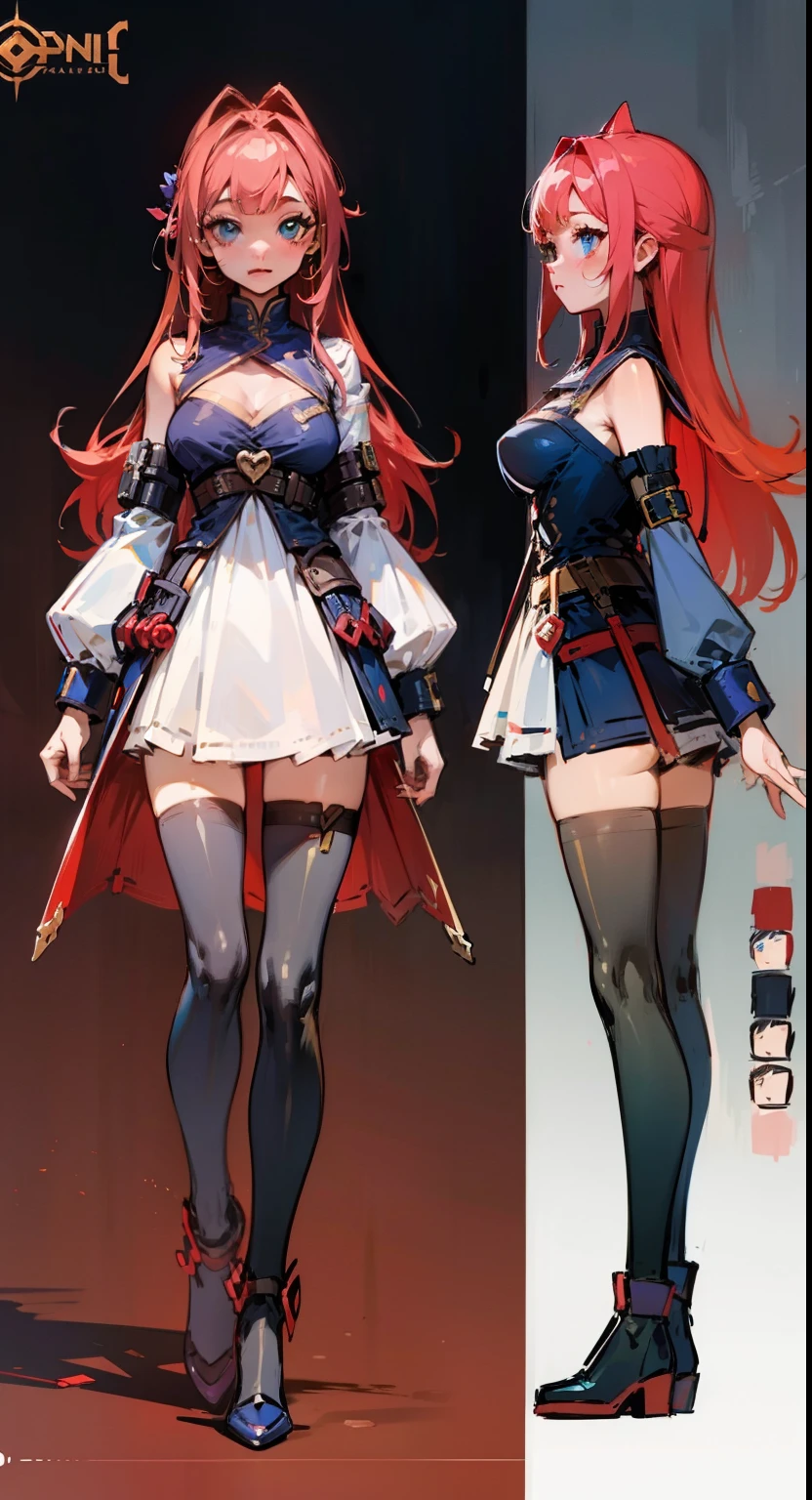 (Masterpiece, highest quality)), one character, adult woman (1), medium breasts, detailed face, character sheet, concept-art, Full body, full of details, full body Esbian, (​masterpiece:1.2), (Top image quality:1.3), 1girl in, multiple poses and expressions, highly detailed, depth, many parts, , super long red hair, beautiful blue eyes 