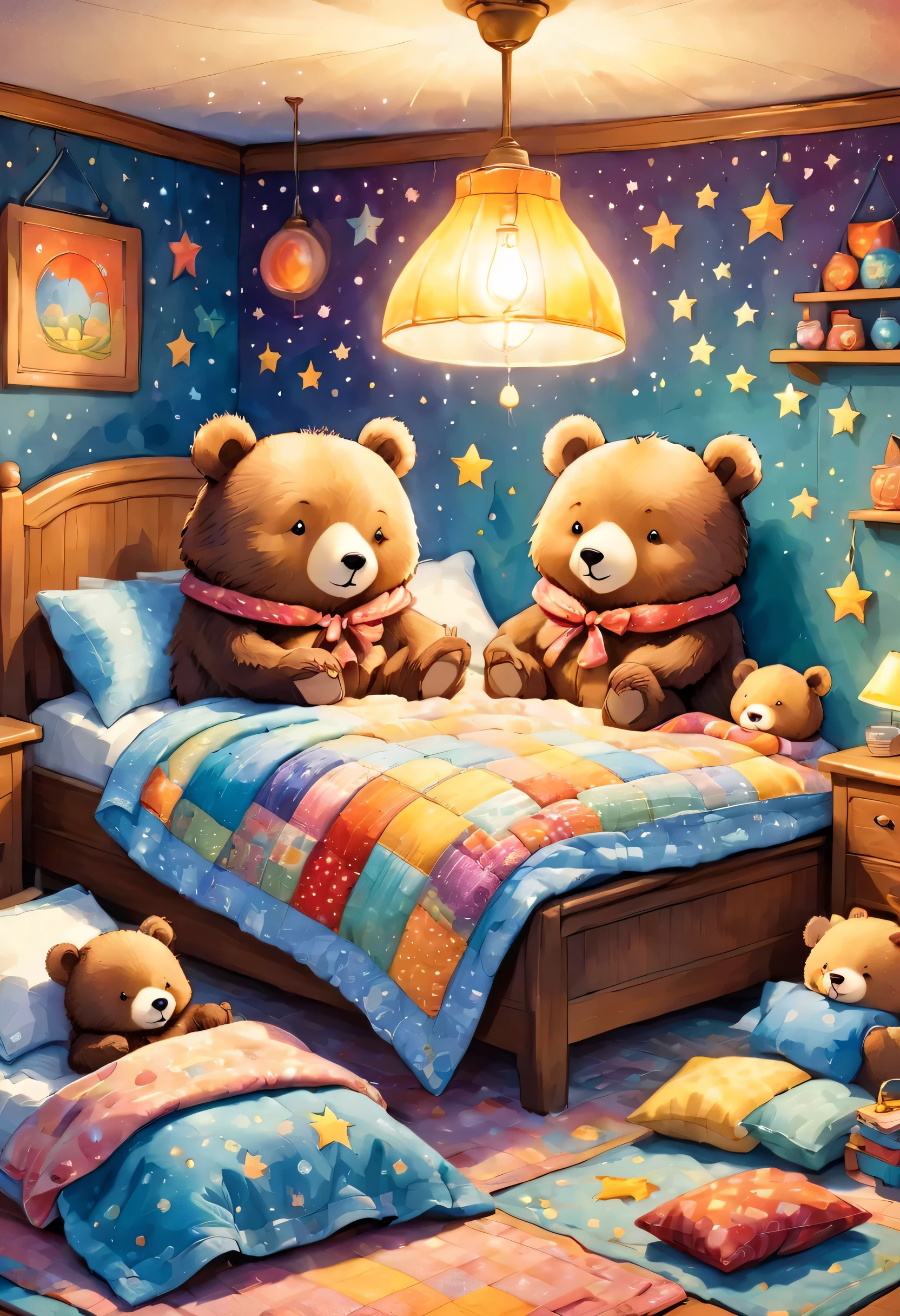 cuteAn illustrationクマの家,bear family:animal:hibernating:cute:Nestle:sleep:comfortable and warm:looks happy,An illustration,pop,colorful,draw with thick lines,color,dim,Lamp light,The hibernating bear family is sleeping:Happy dreams,The house is warm and full of happiness,,colorful,Fancy,Fantasy,patchwork:quilt,detailed details,fluffy,Randolph Caldecott Style,Rich colors,Cast colorful spells,concentrated,The best configuration,Perfect composition,accent,An illustration that children will enjoy,For kids,feel warm,wonderful like a dream,Happy and joyful bears,Little,Cast colorful spells,Sparkling,Anatomically correct,pajamas,Putting a  to bed,Happy dreams