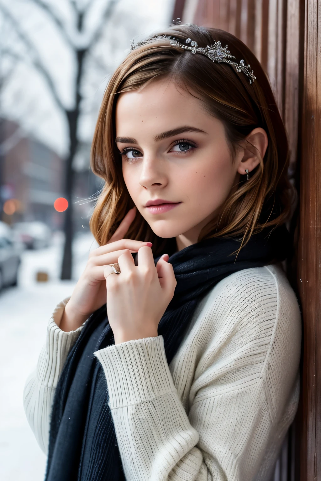 Emma Watson, 25 years old, very classy, dressed to go to the office, beautiful eyes, flirting with the camera, ruffled lip, gorgeous hair, flirty, makeup, outside, winter, snow, 135mm, Canon, f/16, UHD, anatomically correct, masterpiece, textured skin, super detail, high details, high quality, highres, 8k