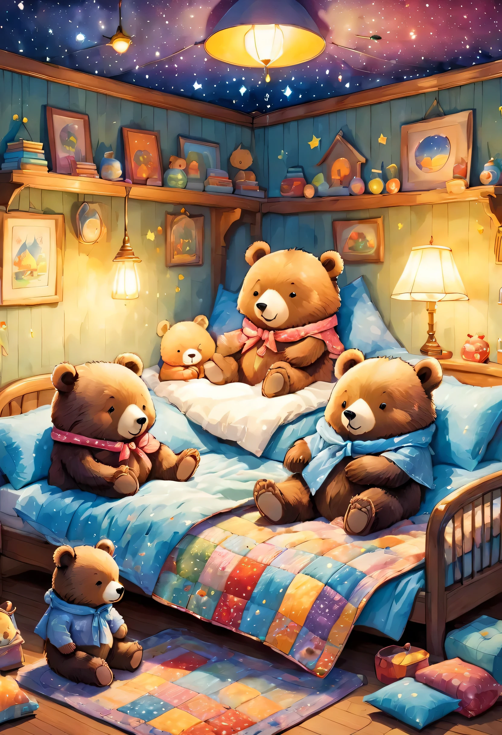 cuteAn illustrationクマの家,bear family:animal:hibernating:cute:Nestle:sleep:comfortable and warm:looks happy,An illustration,pop,colorful,draw with thick lines,color,dim,Lamp light,The hibernating bear family is sleeping:Happy dreams,The house is warm and full of happiness,,colorful,Fancy,Fantasy,patchwork:quilt,detailed details,fluffy,Randolph Caldecott Style,Rich colors,Cast colorful spells,concentrated,The best configuration,Perfect composition,accent,An illustration that children will enjoy,For kids,feel warm,wonderful like a dream,Happy and joyful bears,Little,Cast colorful spells,Sparkling,Anatomically correct,pajamas,Putting a  to bed,Happy dreams