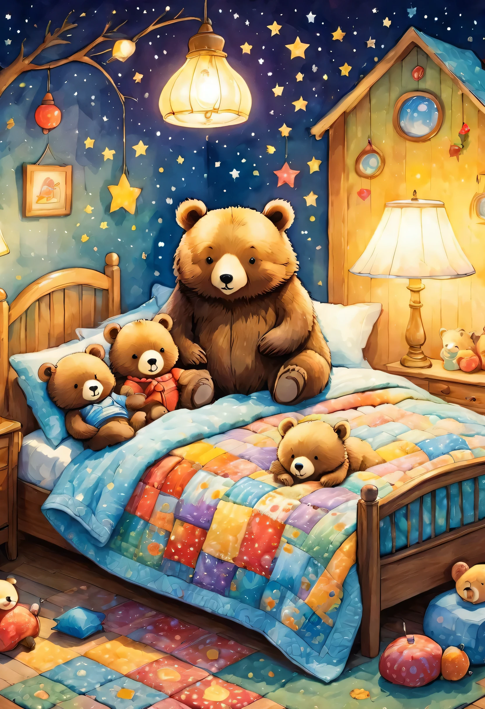 cuteAn illustrationクマの家,bear family:animal:hibernating:cute:Nestle:sleep:comfortable and warm:looks happy,An illustration,pop,colorful,draw with thick lines,color,dim,Lamp light,The hibernating bear family is sleeping:Happy dreams,The house is warm and full of happiness,,colorful,Fancy,Fantasy,patchwork:quilt,detailed details,fluffy,Randolph Caldecott Style,Rich colors,Cast colorful spells,concentrated,The best configuration,Perfect composition,accent,An illustration that children will enjoy,For kids,feel warm,wonderful like a dream,Happy and joyful bears,Little,Cast colorful spells,Sparkling,Anatomically correct,pajamas,Putting a  to bed,Happy dreams