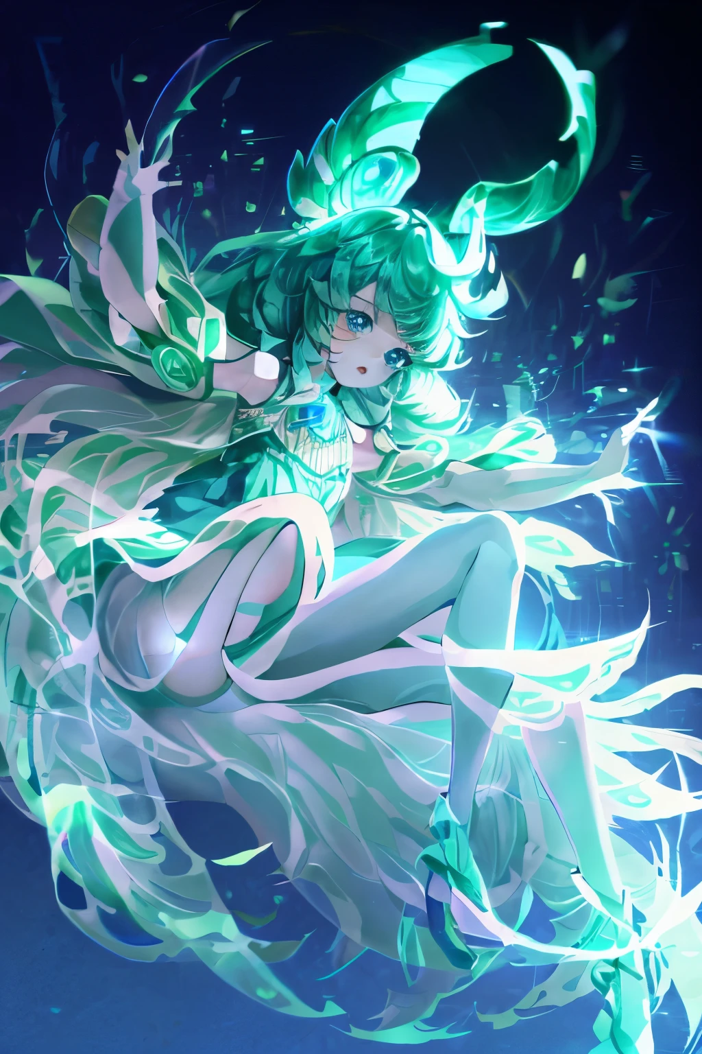 (artwork), (Amazing work), (Indirect Linear Lighting), (Chibi-cute Studio), (Gif cute anime), (cute Lovely kawaii), (Extremely detailed CG 8k unit wallpaper), (1 Girl) wearing cute clothes, Long blue hair,Wearing a cute frilly headdress, Wearing silk gloves, White skin, Green blue eyes, (Lovely kawaii)