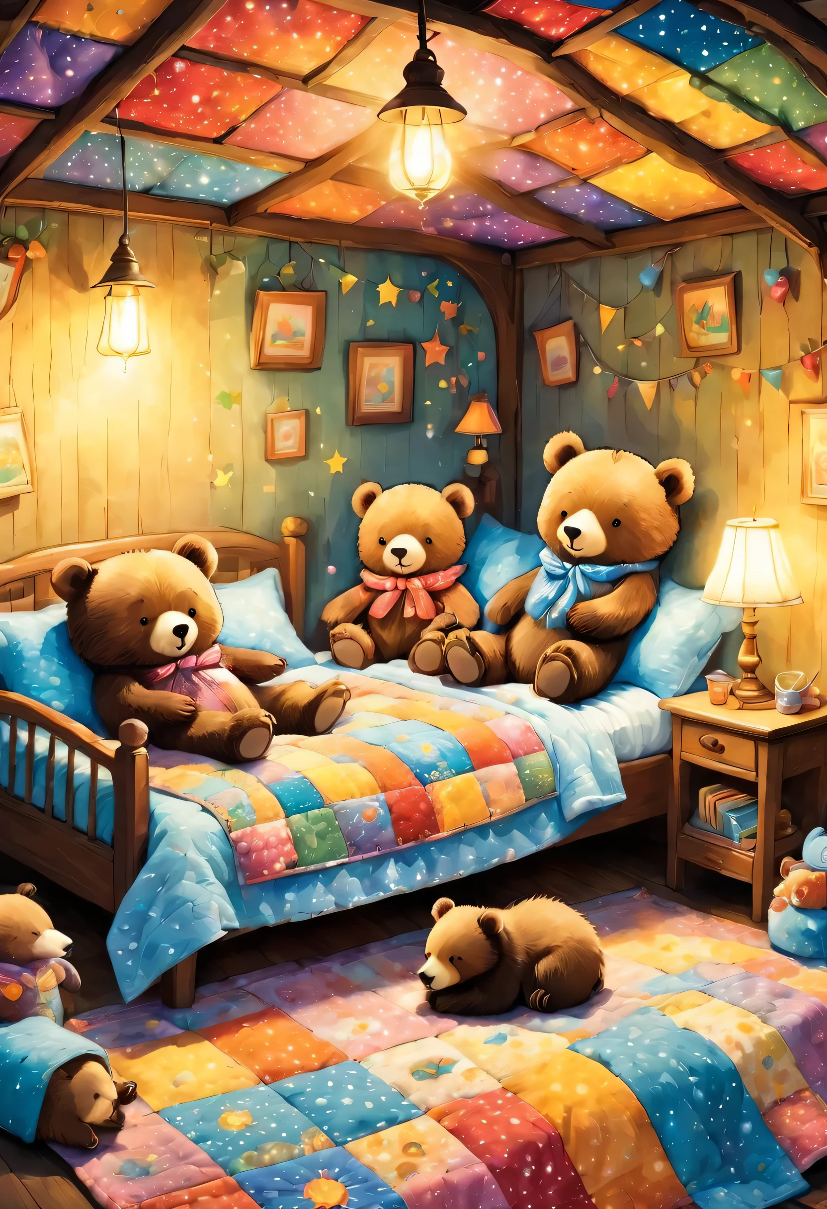 cuteAn illustrationクマの家,bear family:animal:hibernating:cute:Nestle:sleep:comfortable and warm:looks happy,An illustration,pop,colorful,draw with thick lines,color,dim,Lamp light,The hibernating bear family is sleeping:Happy dreams,The house is warm and full of happiness,,colorful,Fancy,Fantasy,patchwork:quilt,detailed details,fluffy,Randolph Caldecott Style,Rich colors,Cast colorful spells,concentrated,The best configuration,Perfect composition,accent,An illustration that children will enjoy,For kids,feel warm,wonderful like a dream,Happy and joyful bears,Little,Cast colorful spells,Sparkling,Anatomically correct,pajamas,Putting a  to bed,Happy dreams