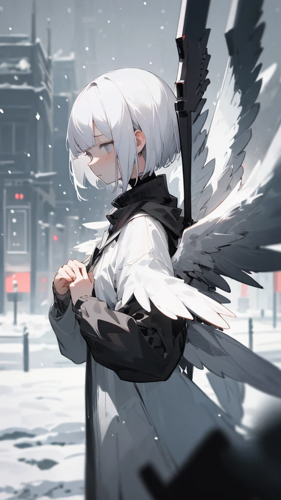 (masterpiece、highest quality)、Short nape hair、1 girl with very short white hair、Black cardigan、Grim expression、Grey Eyes、Warm lighting、 Blurred foreground、night深く、High Contrast、night、In the city,it's snowing,Heavy snowfall,winter,Alone in the vast snowy field,whole body,curse,Facing forward,Huge construction,robot wings