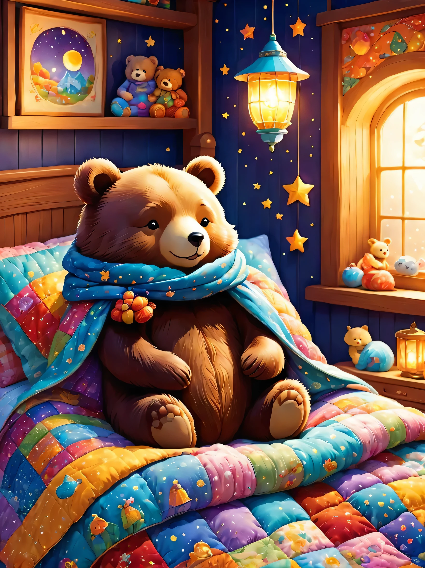 cuteAn illustrationクマの家,bear family:animal:hibernating:cute:Nestle:sleep:comfortable and warm:looks happy,An illustration,pop,colorful,draw with thick lines,color,dim,Lamp light,The hibernating bear family is sleeping:Happy dreams,The house is warm and full of happiness,,colorful,Fancy,Fantasy,patchwork:quilt,detailed details,fluffy,Randolph Caldecott Style,Rich colors,Cast colorful spells,concentrated,The best configuration,Perfect composition,accent,An illustration that children will enjoy,For kids,feel warm,wonderful like a dream,Happy and joyful bears,Little,Cast colorful spells,Sparkling,Anatomically correct,scarf,pajamas,night cap,Putting a  to bed,Happy dreams