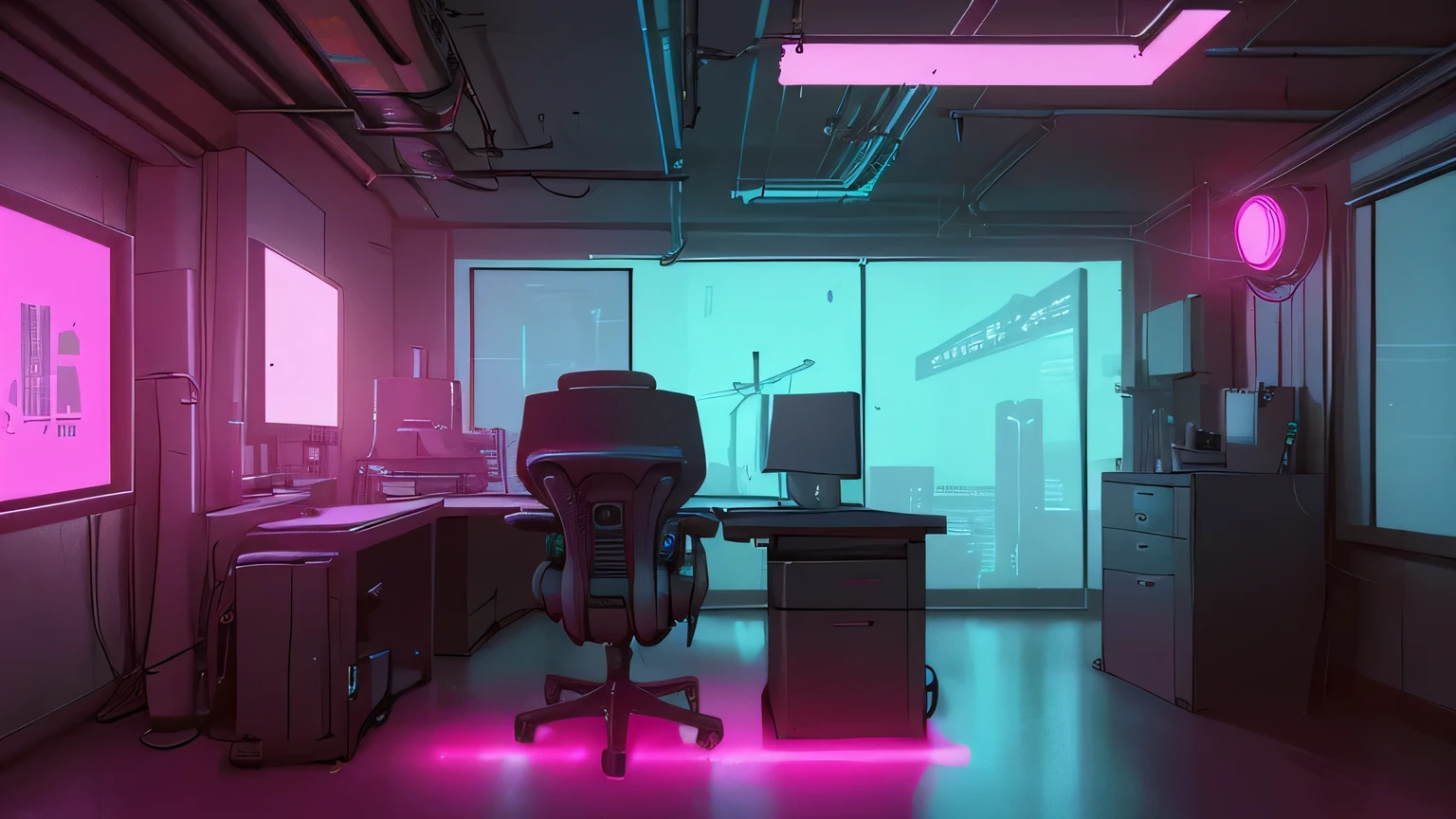 Realistic neon studio setup in the room,Cyberpunk background with window,Front view,There is also a desk.