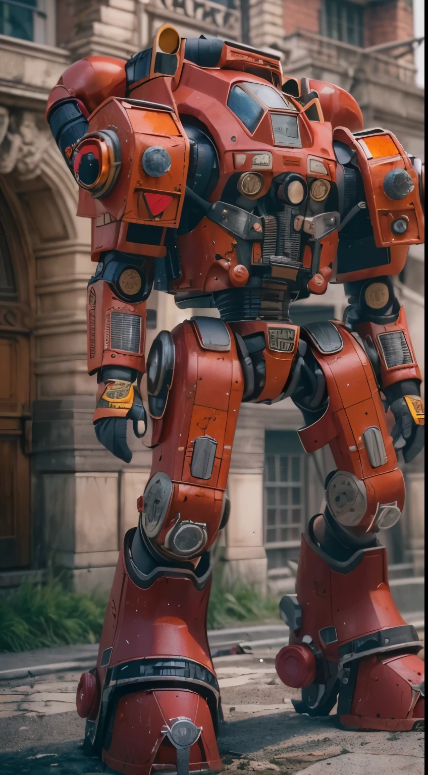 (The main subject: Wide-angle lens), salama，Singer Madonna as Marine Astartes, (Show on the(humongous large breast)Power mech) colours： red colour, (warhammer40k)，Realistic metal mech,Standing in the street.(Best quality,4K,8K,A high resolution,Masterpiece:1.2),(Realistic,Photorealistic,photo-realistic:1.37)