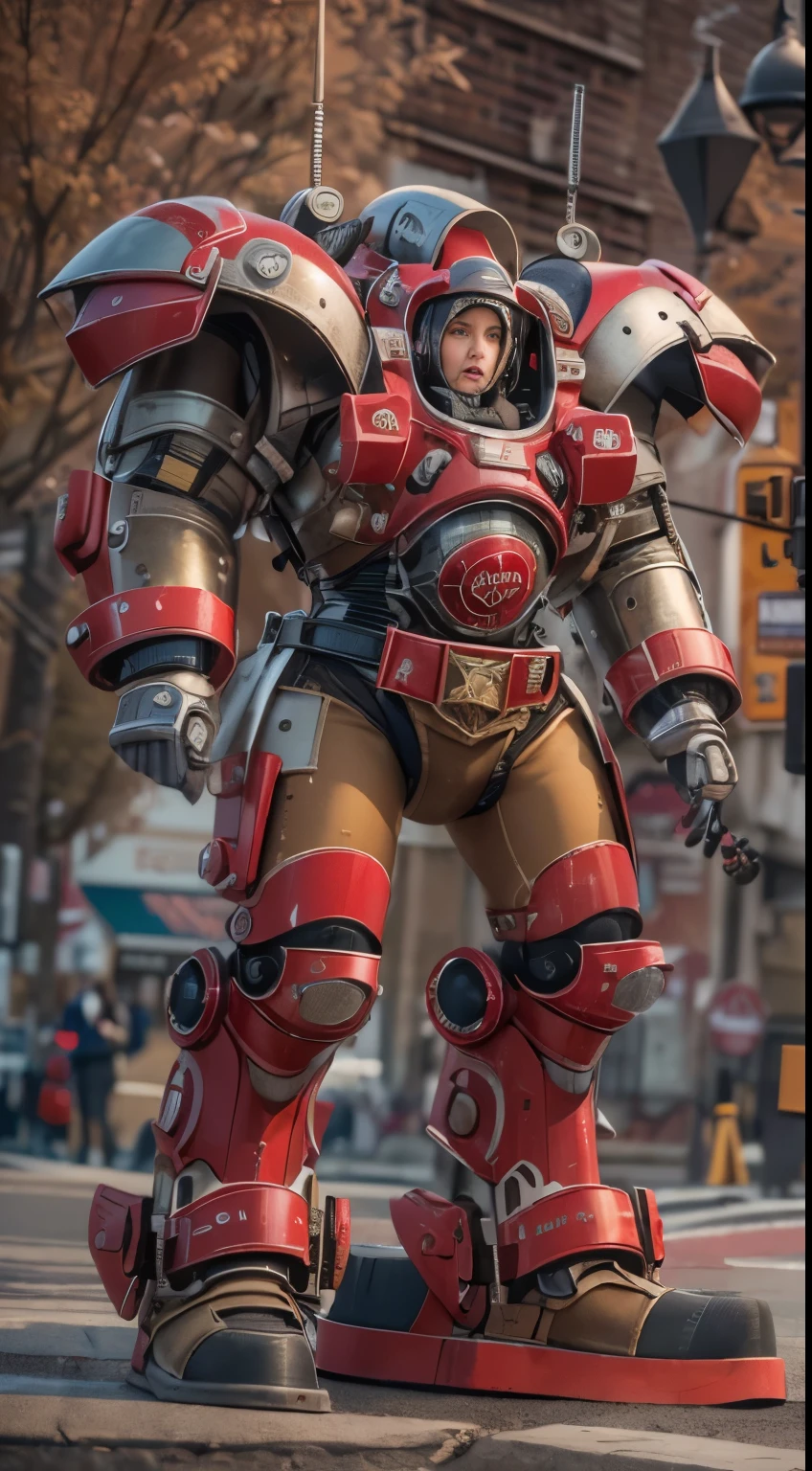 (The main subject: Wide-angle lens), salama，Singer Madonna as Marine Astartes, (Show on the(humongous large breast)Power mech) colours： red colour, (warhammer40k)，Realistic metal mech,Standing in the street.(Best quality,4K,8K,A high resolution,Masterpiece:1.2),(Realistic,Photorealistic,photo-realistic:1.37)