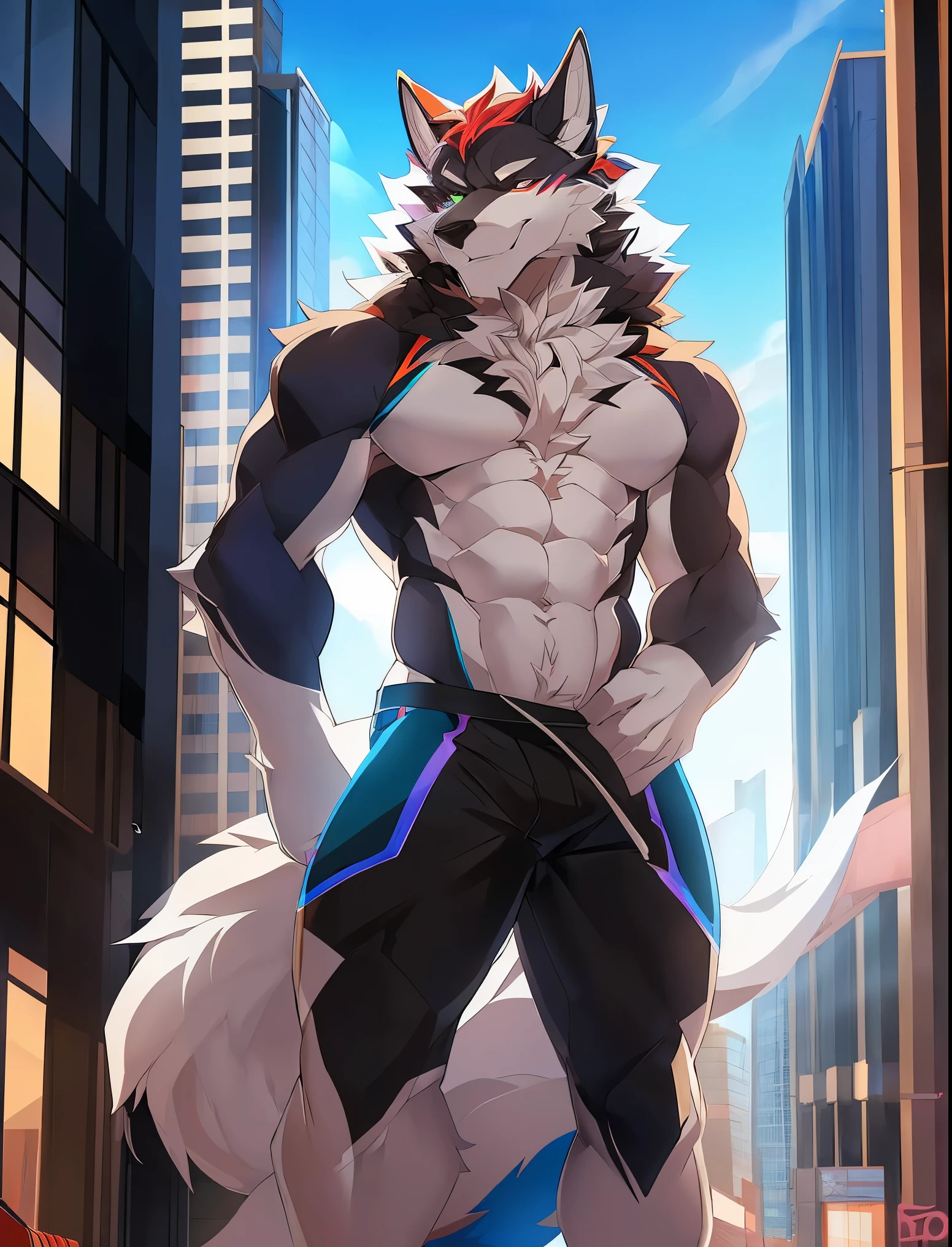 ((Solo)), male people, anthro wolf, (Multi-colored fur, White tail pointed), (Height 3meters,Tail length 2meters), Abs, pinginuscular, A long big tail, by patto, modern city