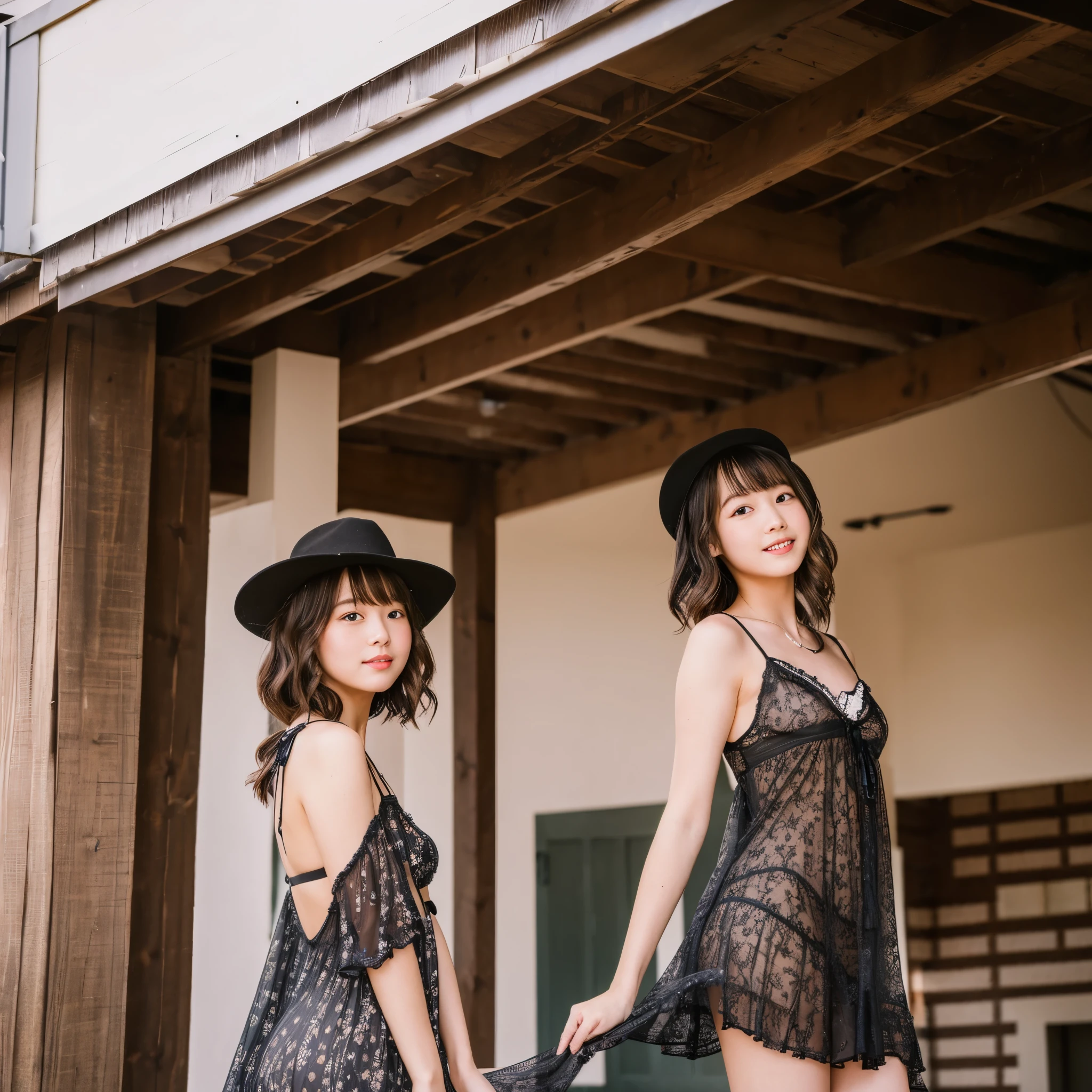 rain Under the eaves of a stylish Western-style building A young woman with a cute face like an idol rainの空を見上げている negligee Underwear is visible RAW Photos,Genuine,Real,High definition,Raw photo,masterpiece,Artistic