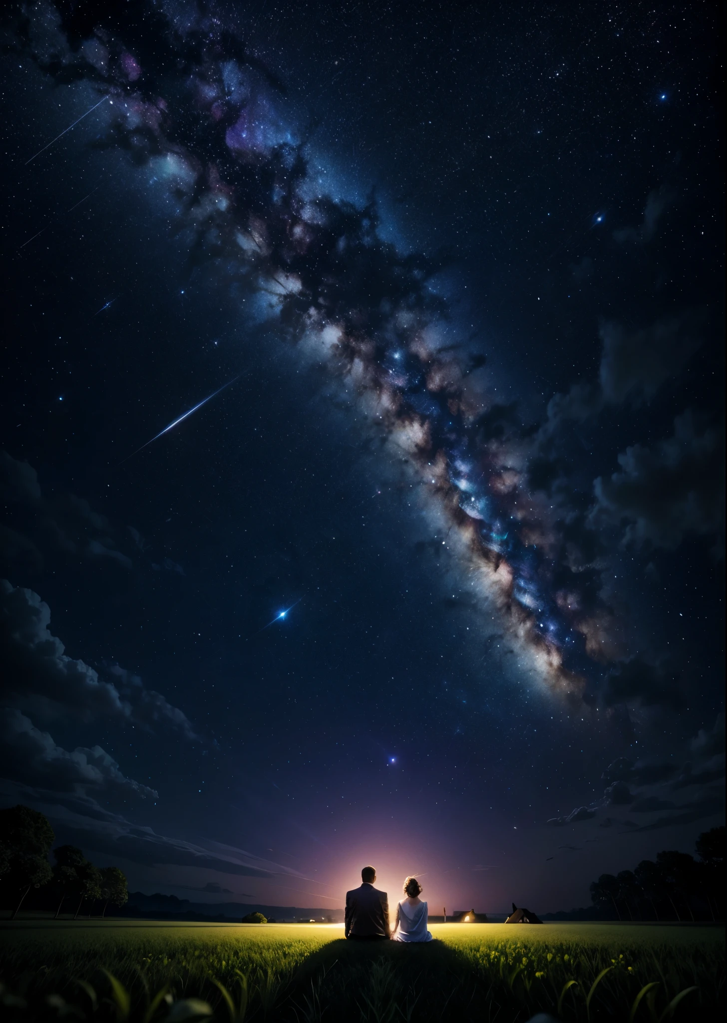 The backs of a girl and a boy can be seen looking up at the night sky in a lotus field.、The two are sitting、There is a farmhouse a little far away., And I can see the light from the window、The Andromeda Galaxy shines in the night sky、Perfect lighting、Sharp focus、High definition、high resolution、High color reproducibility、High resolution、Surreal、Like the picture