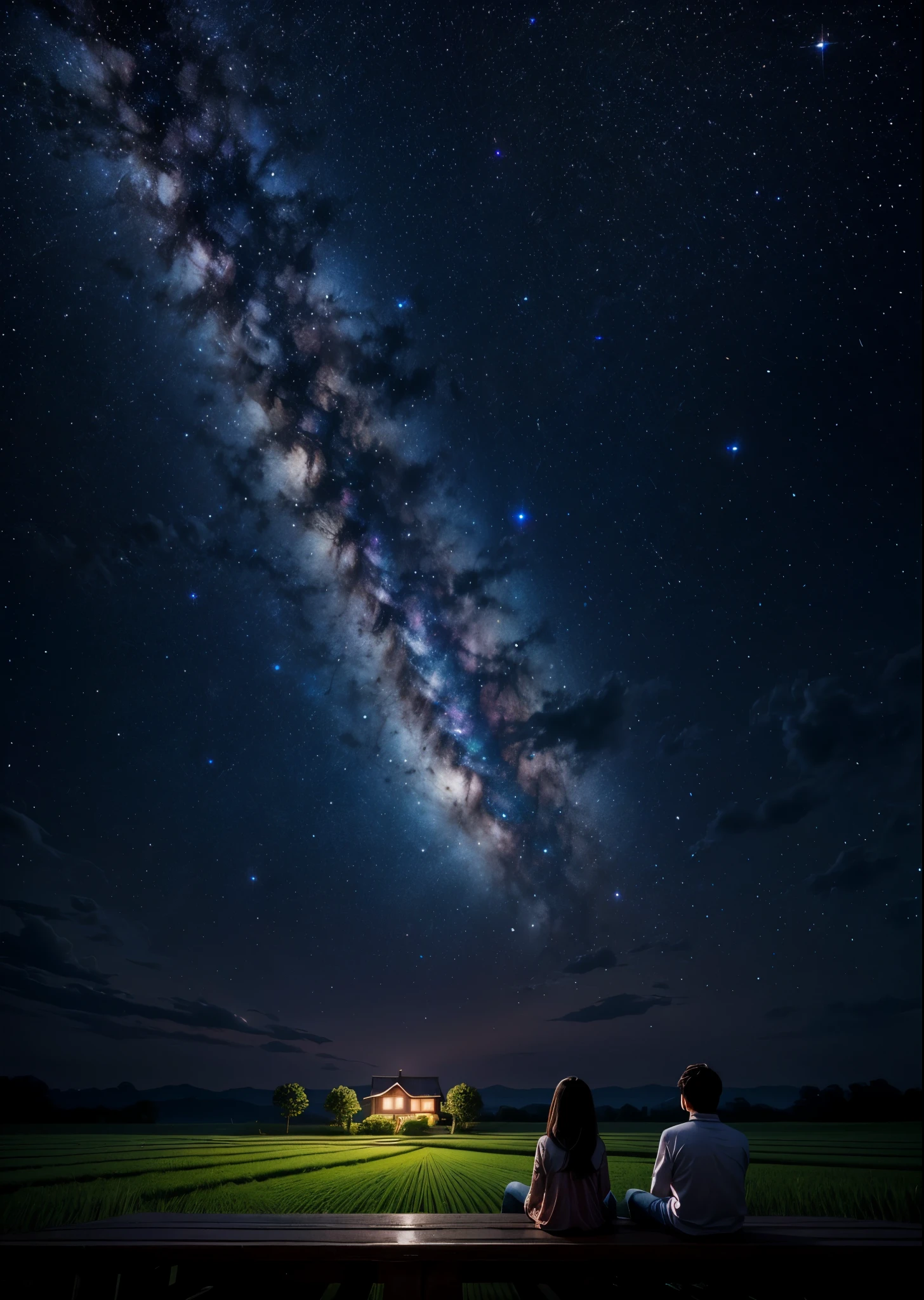 The backs of a girl and a boy can be seen looking up at the night sky in a lotus field.、The two are sitting、There is a farmhouse a little far away., And I can see the light from the window、The Andromeda Galaxy shines in the night sky、Perfect lighting、Sharp focus、High definition、high resolution、High color reproducibility、High resolution、Surreal、Like the picture