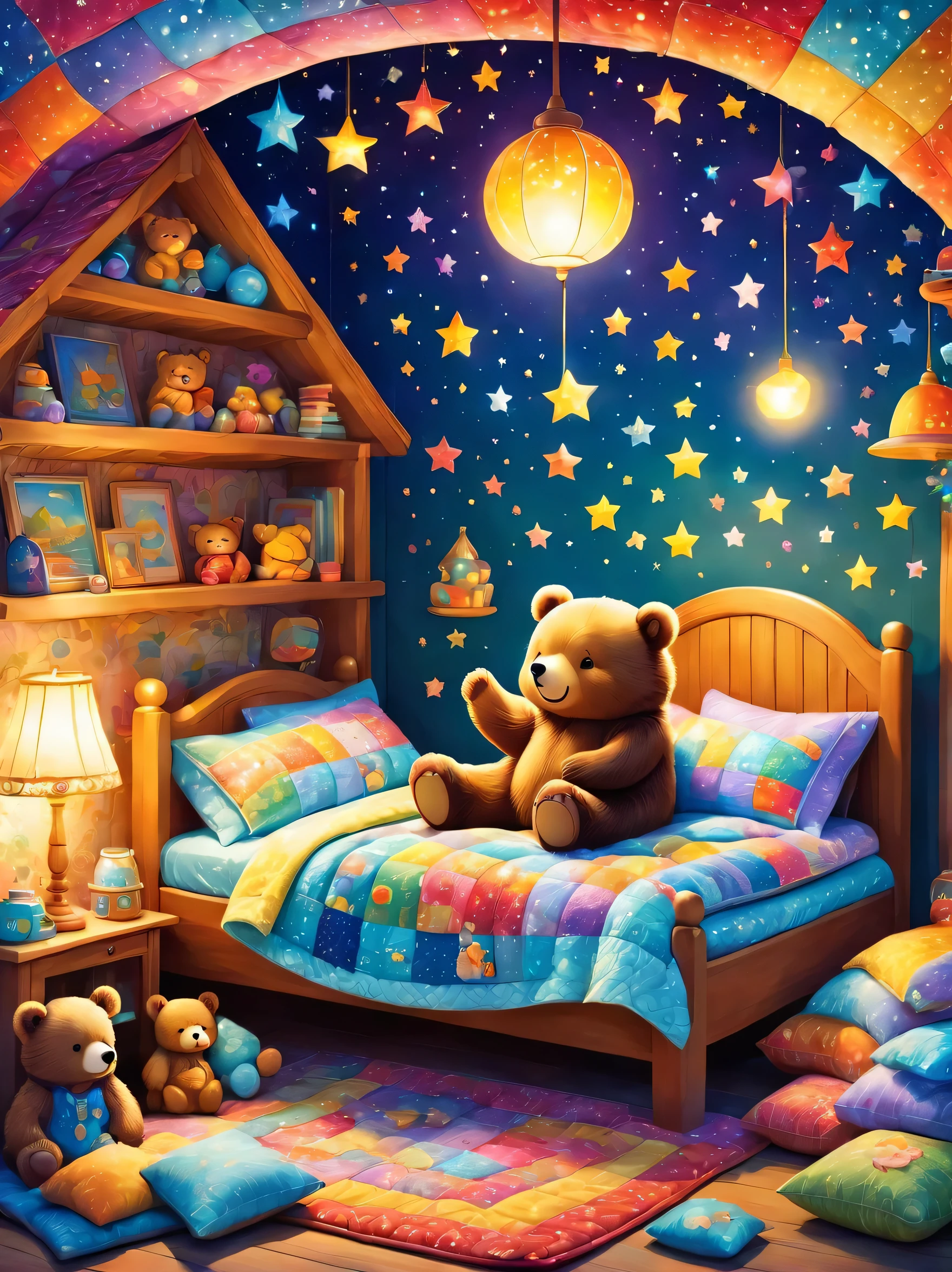 cuteAn illustrationクマの家,bear family:animal:hibernating:cute:Nestle:sleep:comfortable and warm:looks happy,An illustration,pop,colorful,draw with thick lines,color,dim,Lamp light,The hibernating bear family is sleeping:Happy dreams,The house is warm and full of happiness,,colorful,Fancy,Fantasy,patchwork:quilt,detailed details,fluffy,Randolph Caldecott Style,Rich colors,Cast colorful spells,concentrated,The best configuration,Perfect composition,accent,An illustration that children will enjoy,For kids,feel warm,wonderful like a dream,Happy and joyful bears,Little,Cast colorful spells,Sparkling,Anatomically correct,pajamas,Putting a  to bed,Happy dreams