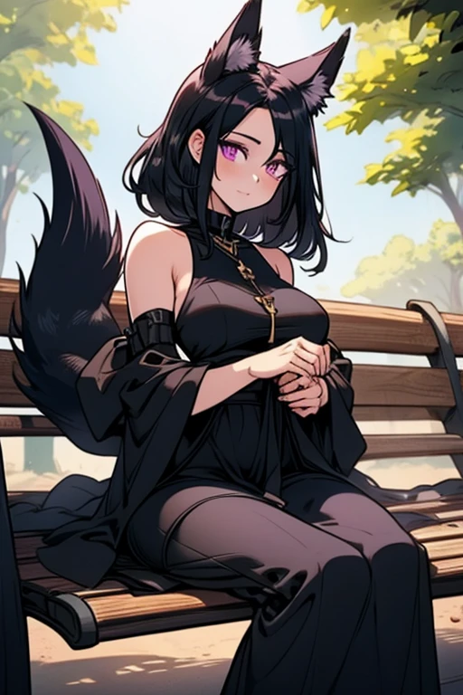 A black haired woman with purple eyes and an hourglass figure with black fox ears and a black fox tail wearing a conservative ball gown is smling on a park bench