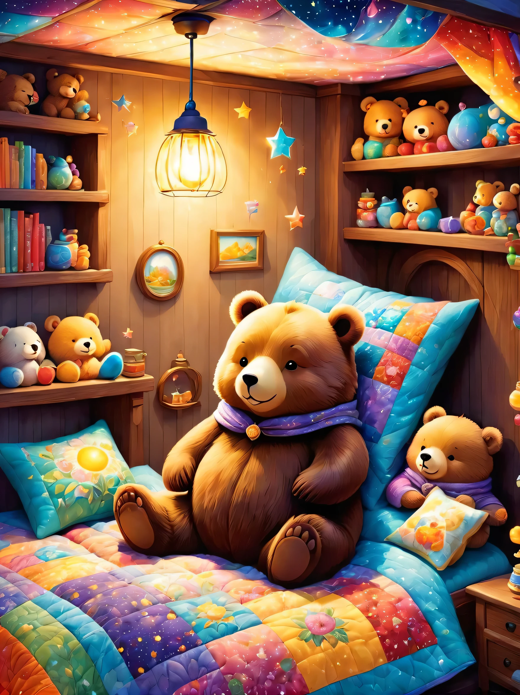 cuteAn illustrationクマの家,bear family:animal:hibernating:cute:Nestle:sleep:comfortable and warm:looks happy,An illustration,pop,colorful,draw with thick lines,color,dim,Lamp light,The hibernating bear family is sleeping:Happy dreams,The house is warm and full of happiness,,colorful,Fancy,Fantasy,patchwork:quilt,detailed details,fluffy,Randolph Caldecott Style,Rich colors,Cast colorful spells,concentrated,The best configuration,Perfect composition,accent,An illustration that children will enjoy,For kids,feel warm,wonderful like a dream,Happy and joyful bears,Little,Cast colorful spells,Sparkling,Anatomically correct,pajamas,Putting a  to bed,Happy dreams