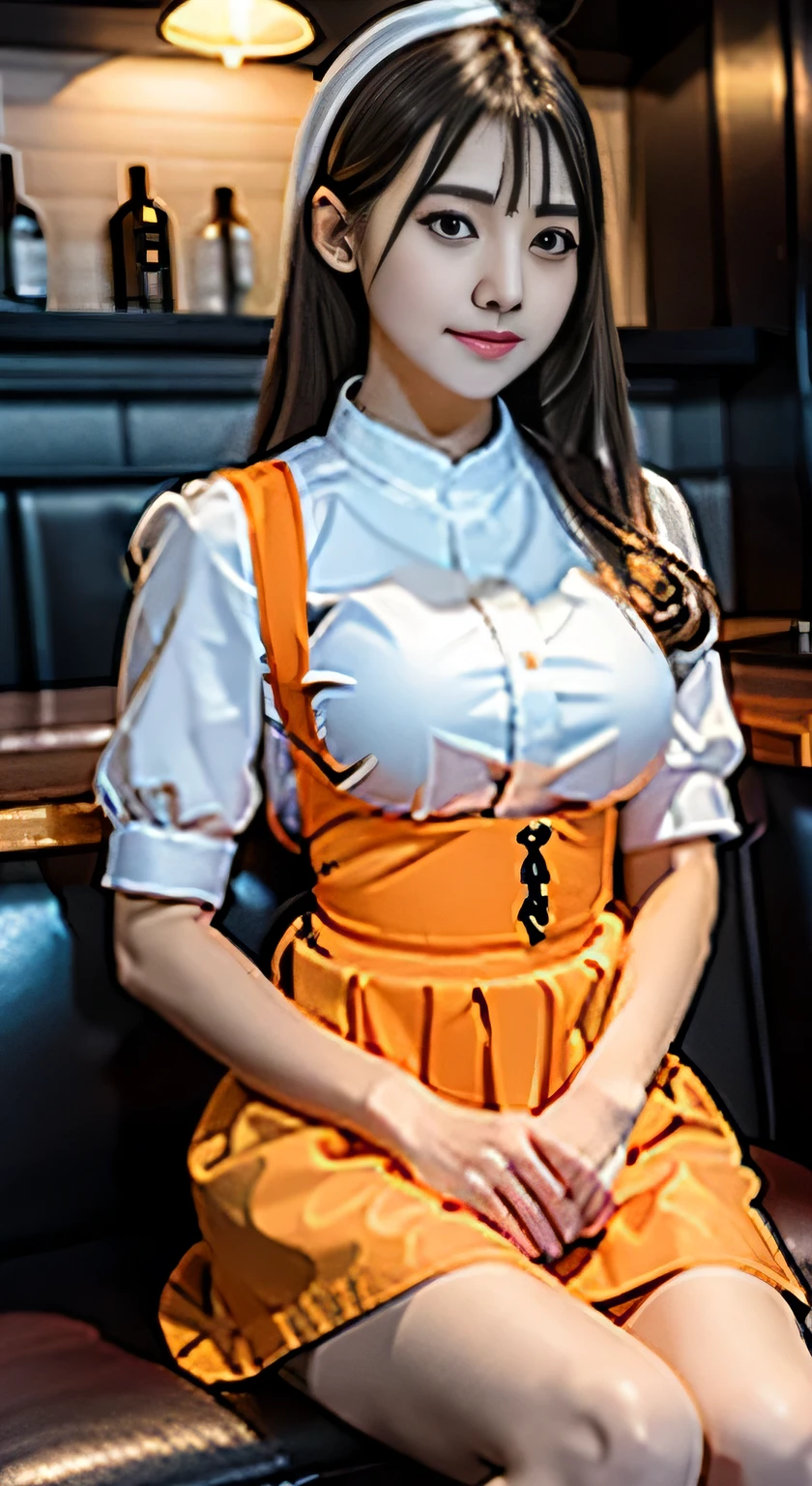 There is a woman sitting on a bench in a restaurant, anna millers uniform、Spread your legs,Showing white panties,Narrow waist、Big sexy ponytail、sexy、Girl to La(Girl and La)(Girl and La)(Girl and La)(Girl and La)(Girl and La)(Girl and La), Ayaka Cosplay, white and orange breastplate, Maid clothes, anime girl Cosplay, , Maid clothesを着て, Cosplay, Maid clothes, Maid clothesを着たアニメの女の子