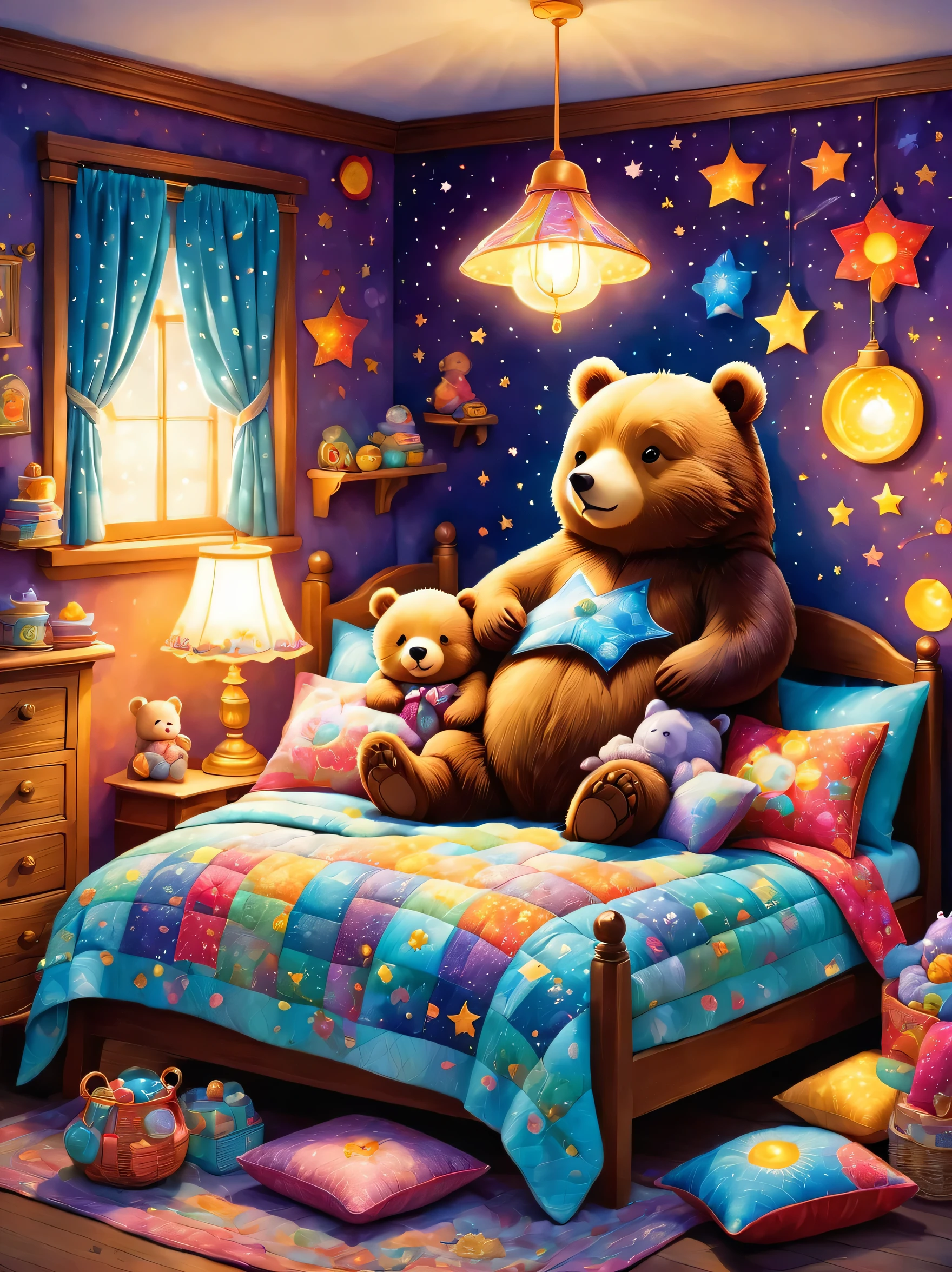 cuteAn illustrationクマの家,bear family:animal:hibernating:cute:Nestle:sleep:comfortable and warm:looks happy,An illustration,pop,colorful,draw with thick lines,color,dim,Lamp light,The hibernating bear family is sleeping:Happy dreams,The house is warm and full of happiness,,colorful,Fancy,Fantasy,patchwork:quilt,detailed details,fluffy,Randolph Caldecott Style,Rich colors,Cast colorful spells,concentrated,The best configuration,Perfect composition,accent,An illustration that children will enjoy,For kids,feel warm,wonderful like a dream,Happy and joyful bears,Little,Cast colorful spells,Sparkling,Anatomically correct,pajamas,Putting a  to bed,Happy dreams