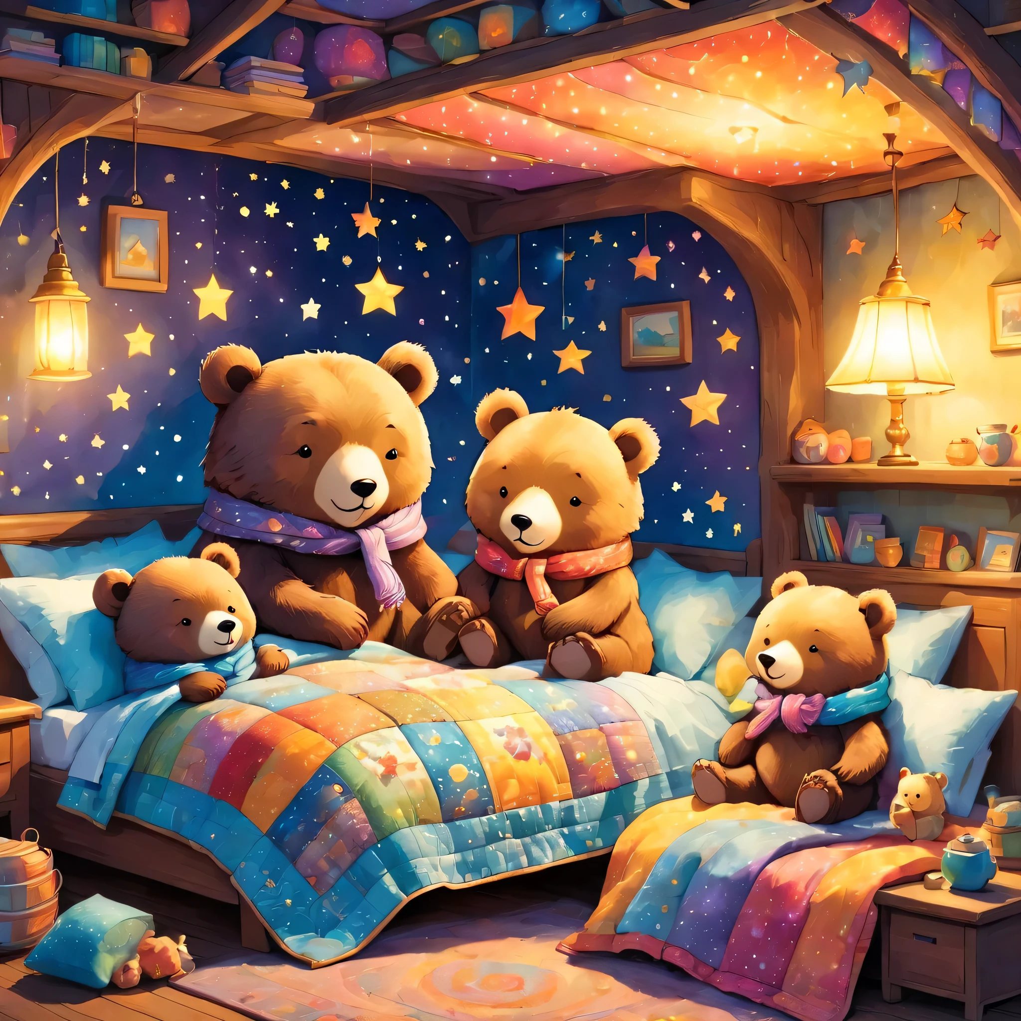 cuteAn illustrationクマの家,bear family:animal:hibernating:cute:Nestle:sleep:comfortable and warm:looks happy,An illustration,pop,colorful,draw with thick lines,color,dim,Lamp light,The hibernating bear family is sleeping:Happy dreams,The house is warm and full of happiness,,colorful,Fancy,Fantasy,patchwork:quilt,detailed details,fluffy,Randolph Caldecott Style,Rich colors,Cast colorful spells,concentrated,The best configuration,Perfect composition,accent,An illustration that children will enjoy,For kids,feel warm,wonderful like a dream,Happy and joyful bears,Little,Cast colorful spells,Sparkling,Anatomically correct,scarf,Putting a  to bed,Happy dreams