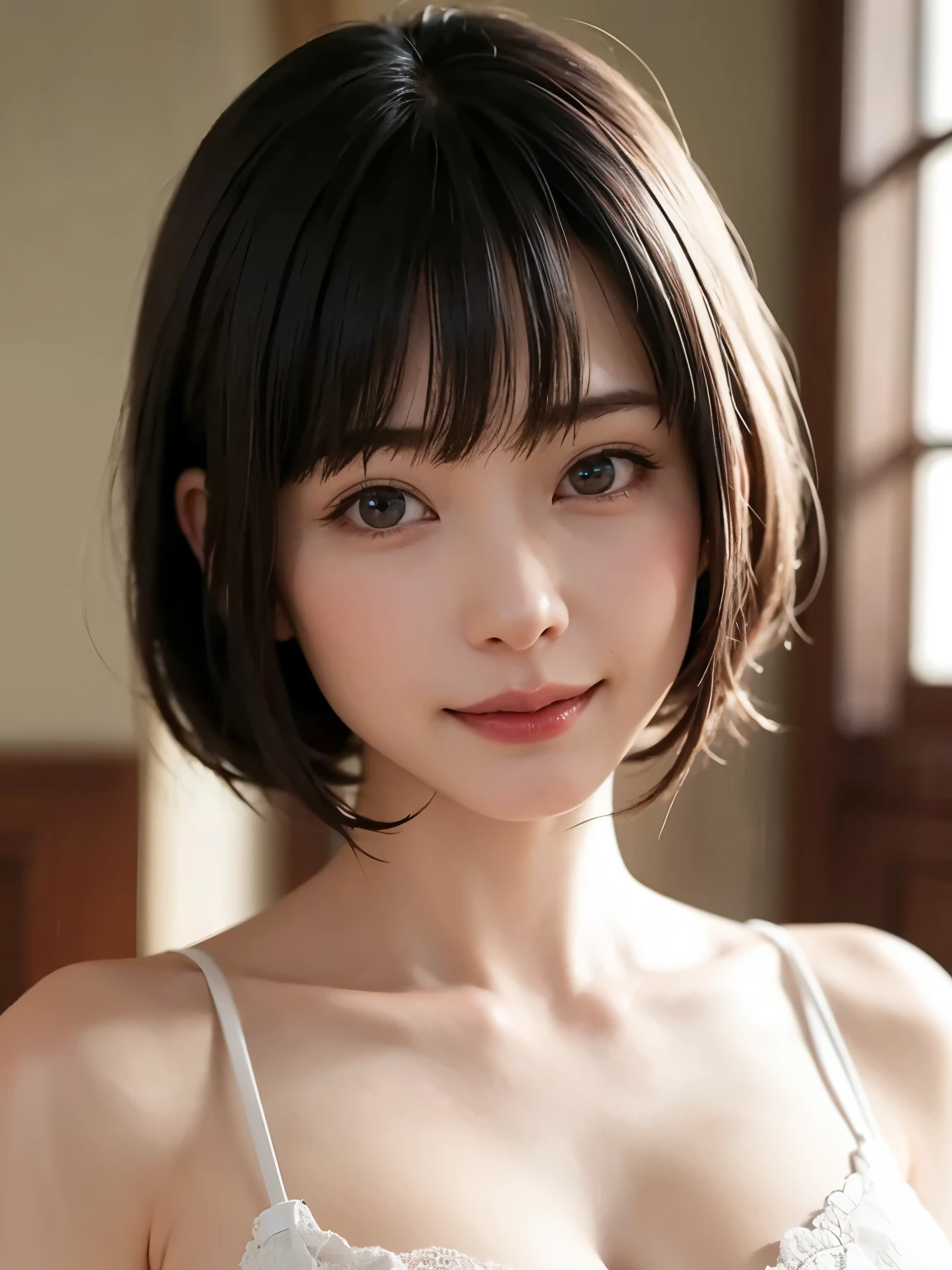1 girl、highest quality、Realistic、alone、Written boundary depth、Natural soft light、Daytime、charm、Beautiful Face、Cleanliness、Pure Face、White skin、cute、short hair、bright hazel eyes:1.6、Beautiful Lips、bangs、Beach、Light of the sun、Nedium Breast Body Esbian、((黄金比のBeautiful Face、 対称性のあるBeautiful Face、Dutch Angle Shot、Elevation))、Long neck、Show me your ears、Stick out your ears。bangsのあるきれいな短いボブヘア、smile with your mouth closed、Perfect hands指、Perfect hands、Perfect body、Perfect Face、Shine a light into your eyes、Perfect Anatomy:1.6、とてもcuteスーパーモデル:1.6、{Huge|big|Hugeな|Mega} chest, chestの谷間、smile:1.6、Very beautiful teeth:1.6