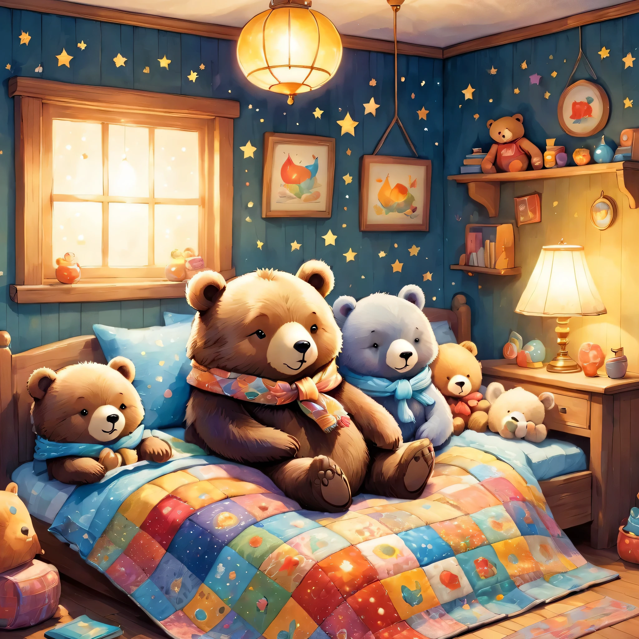 cuteAn illustrationクマの家,bear family:animal:hibernating:cute:Nestle:sleep:comfortable and warm:looks happy,An illustration,pop,colorful,draw with thick lines,color,dim,Lamp light,The hibernating bear family is sleeping:Happy dreams,The house is warm and full of happiness,,colorful,Fancy,Fantasy,patchwork:quilt,detailed details,fluffy,Randolph Caldecott Style,Rich colors,Cast colorful spells,concentrated,The best configuration,Perfect composition,accent,An illustration that children will enjoy,For kids,feel warm,wonderful like a dream,Happy and joyful bears,Little,Cast colorful spells,Sparkling,Anatomically correct,scarf,Putting a  to bed,Happy dreams