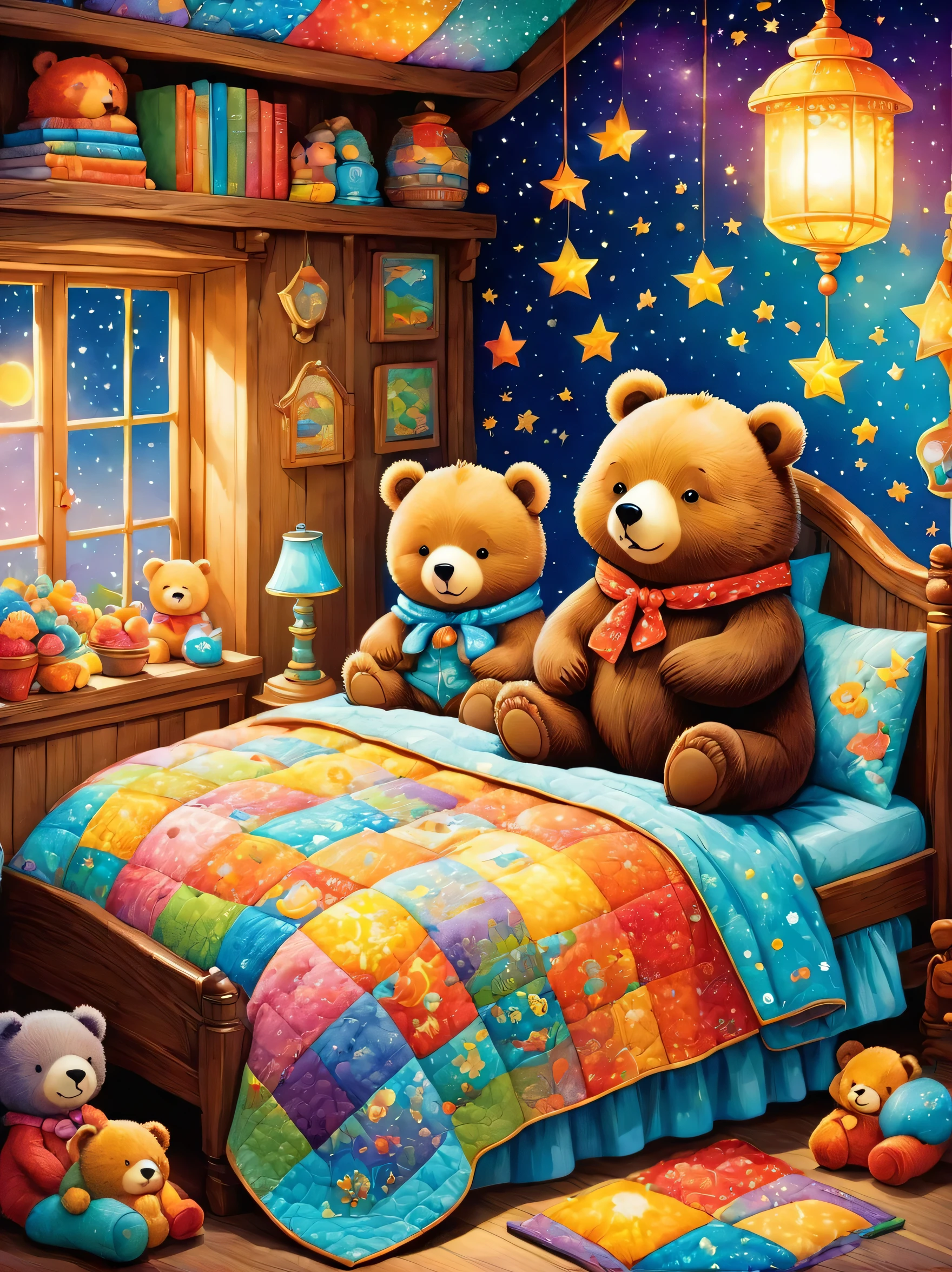 cuteAn illustrationクマの家,bear family:animal:hibernating:cute:Nestle:sleep:comfortable and warm:looks happy,An illustration,pop,colorful,draw with thick lines,color,dim,Lamp light,The hibernating bear family is sleeping:Happy dreams,The house is warm and full of happiness,,colorful,Fancy,Fantasy,patchwork:quilt,detailed details,fluffy,Randolph Caldecott Style,Rich colors,Cast colorful spells,concentrated,The best configuration,Perfect composition,accent,An illustration that children will enjoy,For kids,feel warm,wonderful like a dream,Happy and joyful bears,Little,Cast colorful spells,Sparkling,Anatomically correct,pajamas,Putting a  to bed,Happy dreams