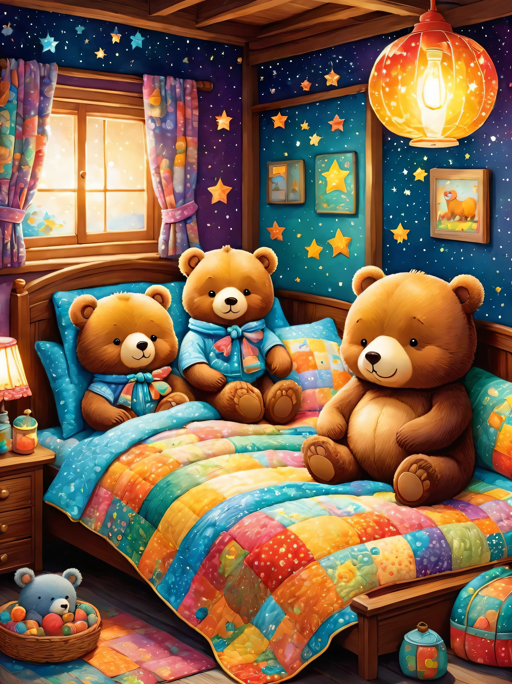 cuteAn illustrationクマの家,bear family:animal:hibernating:cute:Nestle:sleep:comfortable and warm:looks happy,An illustration,pop,colorful,draw with thick lines,color,dim,Lamp light,The hibernating bear family is sleeping:Happy dreams,The house is warm and full of happiness,,colorful,Fancy,Fantasy,patchwork:quilt,detailed details,fluffy,Randolph Caldecott Style,Rich colors,Cast colorful spells,concentrated,The best configuration,Perfect composition,accent,An illustration that children will enjoy,For kids,feel warm,wonderful like a dream,Happy and joyful bears,Little,Cast colorful spells,Sparkling,Anatomically correct,pajamas,Putting a  to bed,Happy dreams