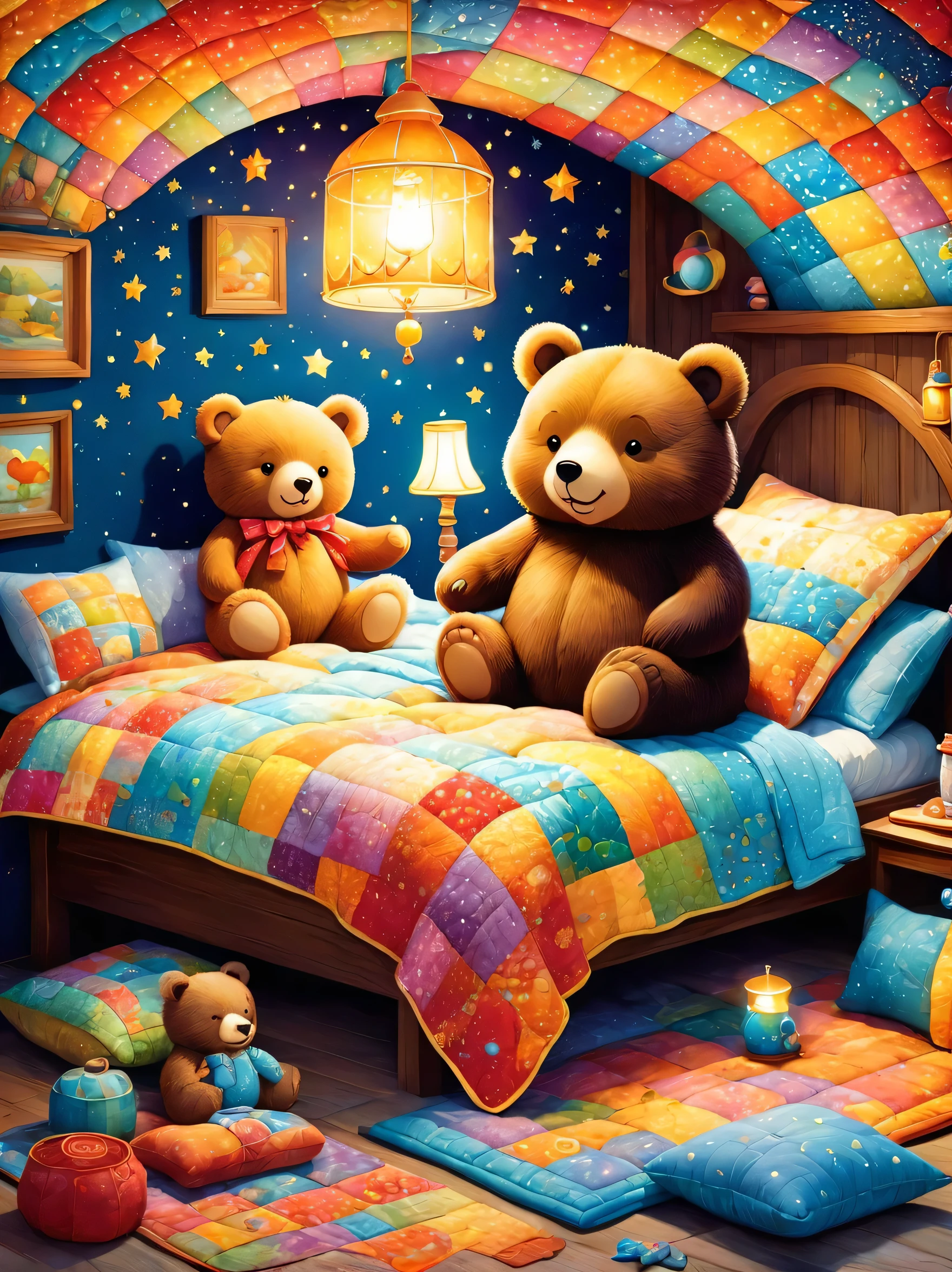 cuteAn illustrationクマの家,bear family:animal:hibernating:cute:Nestle:sleep:comfortable and warm:looks happy,An illustration,pop,colorful,draw with thick lines,color,dim,Lamp light,The hibernating bear family is sleeping:Happy dreams,The house is warm and full of happiness,,colorful,Fancy,Fantasy,patchwork:quilt,detailed details,fluffy,Randolph Caldecott Style,Rich colors,Cast colorful spells,concentrated,The best configuration,Perfect composition,accent,An illustration that children will enjoy,For kids,feel warm,wonderful like a dream,Happy and joyful bears,Little,Cast colorful spells,Sparkling,Anatomically correct,pajamas,Putting a  to bed,Happy dreams