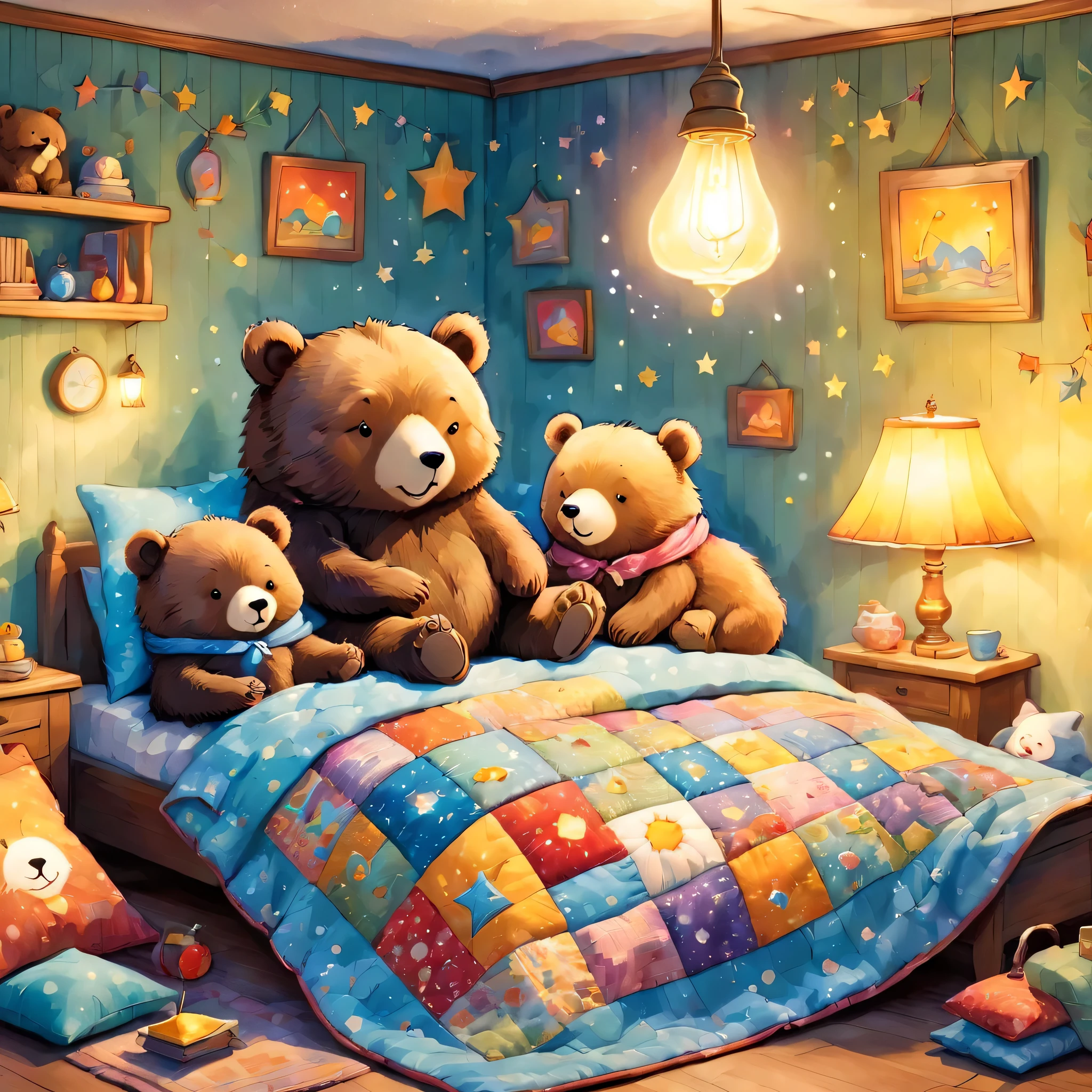 cuteAn illustrationクマの家,bear family:animal:hibernating:cute:Nestle:sleep:comfortable and warm:looks happy,An illustration,pop,colorful,draw with thick lines,color,dim,Lamp light,The hibernating bear family is sleeping:Happy dreams,The house is warm and full of happiness,,colorful,Fancy,Fantasy,patchwork:quilt,detailed details,fluffy,Randolph Caldecott Style,Rich colors,Cast colorful spells,concentrated,The best configuration,Perfect composition,accent,An illustration that children will enjoy,For kids,feel warm,wonderful like a dream,Happy and joyful bears,Little,Cast colorful spells,Sparkling,Anatomically correct,pajamas,Putting a  to bed,Happy dreams