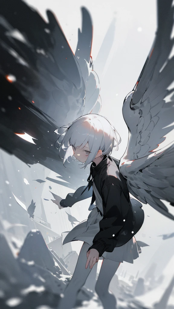 (masterpiece、highest quality)、Short nape hair、1 girl with very short white hair、Black cardigan、Grim expression、Grey Eyes、Warm lighting、 Blurred foreground、night深く、High Contrast、night、In the city,it's snowing,Heavy snowfall,winter,Alone in the vast snowy field,whole body,curse,Facing forward,Huge construction,robot wings