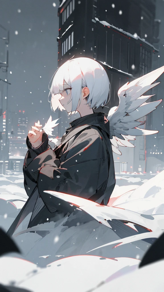 (masterpiece、highest quality)、Short nape hair、1 girl with very short white hair、Black cardigan、Grim expression、Grey Eyes、Warm lighting、 Blurred foreground、night深く、High Contrast、night、In the city,it&#39;s snowing,Heavy snowfall,winter,Alone in the vast snowy field,whole body,curse,Facing forward,Huge construction,robot wings