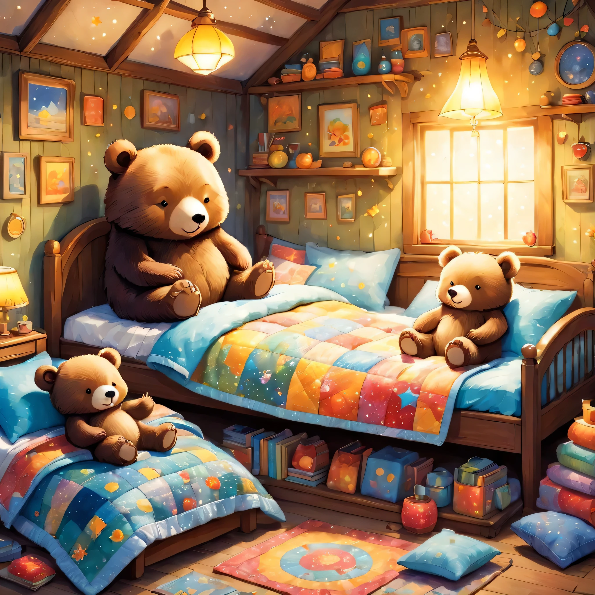 cuteAn illustrationクマの家,bear family:animal:hibernating:cute:Nestle:sleep:comfortable and warm:looks happy,An illustration,pop,colorful,draw with thick lines,color,dim,Lamp light,The hibernating bear family is sleeping:Happy dreams,The house is warm and full of happiness,,colorful,Fancy,Fantasy,patchwork:quilt,detailed details,fluffy,Randolph Caldecott Style,Rich colors,Cast colorful spells,concentrated,The best configuration,Perfect composition,accent,An illustration that children will enjoy,For kids,feel warm,wonderful like a dream,Happy and joyful bears,Little,Cast colorful spells,Sparkling,Anatomically correct,pajamas,Putting a  to bed,Happy dreams