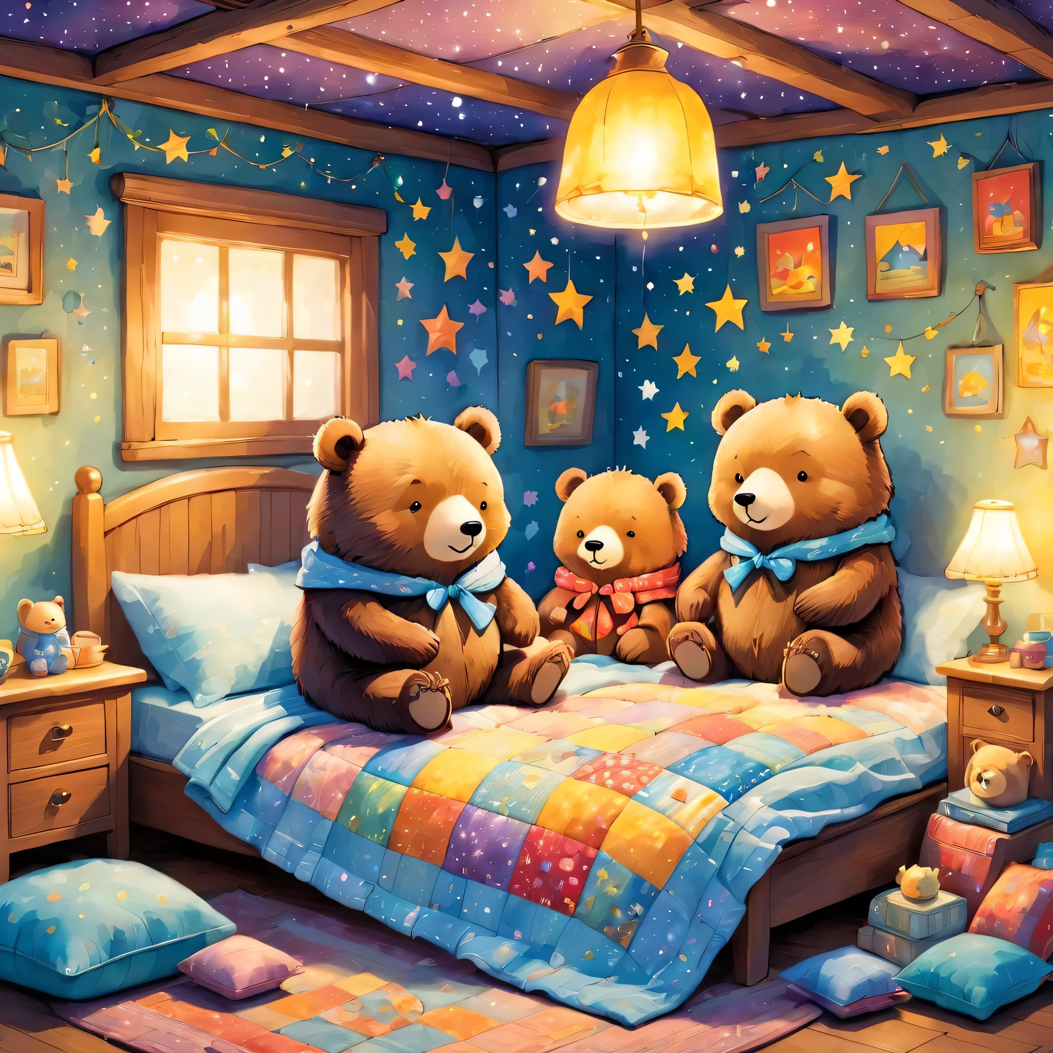 cuteAn illustrationクマの家,bear family:animal:hibernating:cute:Nestle:sleep:comfortable and warm:looks happy,An illustration,pop,colorful,draw with thick lines,color,dim,Lamp light,The hibernating bear family is sleeping:Happy dreams,The house is warm and full of happiness,,colorful,Fancy,Fantasy,patchwork:quilt,detailed details,fluffy,Randolph Caldecott Style,Rich colors,Cast colorful spells,concentrated,The best configuration,Perfect composition,accent,An illustration that children will enjoy,For kids,feel warm,wonderful like a dream,Happy and joyful bears,Little,Cast colorful spells,Sparkling,Anatomically correct,pajamas,Putting a  to bed,Happy dreams