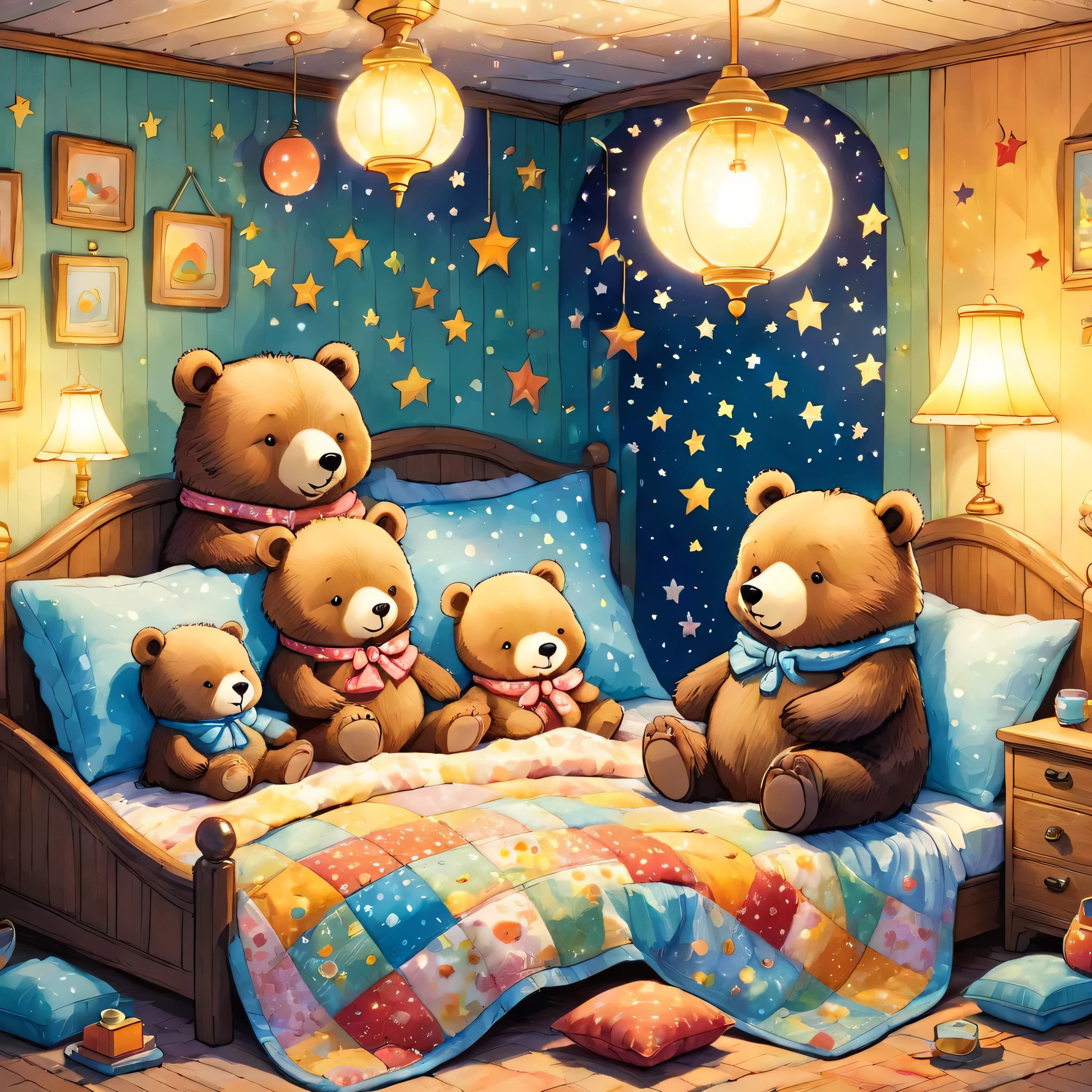 cuteAn illustrationクマの家,bear family:animal:hibernating:cute:Nestle:sleep:comfortable and warm:looks happy,An illustration,pop,colorful,draw with thick lines,color,dim,Lamp light,The hibernating bear family is sleeping:Happy dreams,The house is warm and full of happiness,,colorful,Fancy,Fantasy,patchwork:quilt,detailed details,fluffy,Randolph Caldecott Style,Rich colors,Cast colorful spells,concentrated,The best configuration,Perfect composition,accent,An illustration that children will enjoy,For kids,feel warm,wonderful like a dream,Happy and joyful bears,Little,Cast colorful spells,Sparkling,Anatomically correct,pajamas,Putting a  to bed,Happy dreams