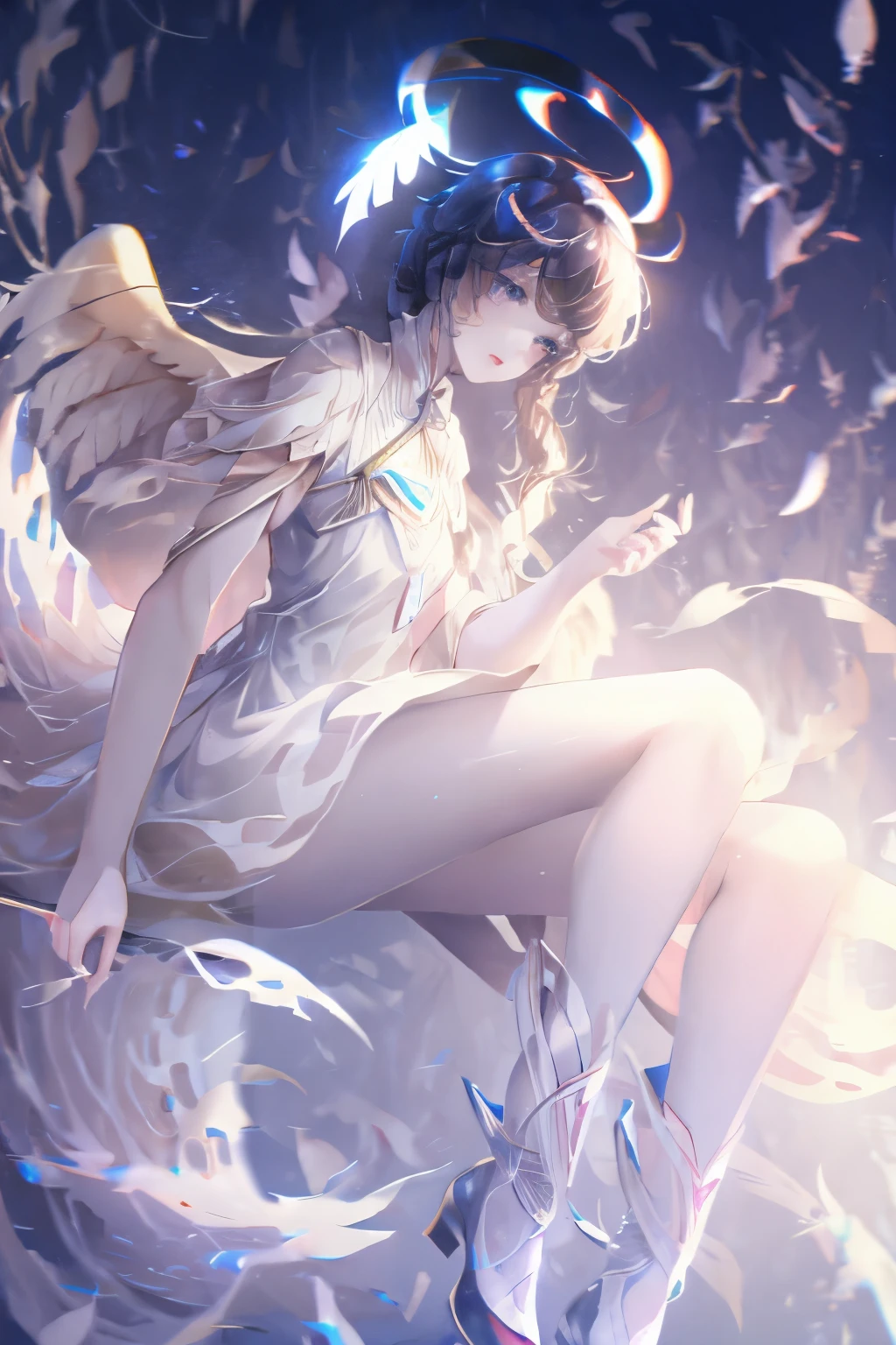 Beautiful angel in white dress, art station chengwei, Halo, White feather  