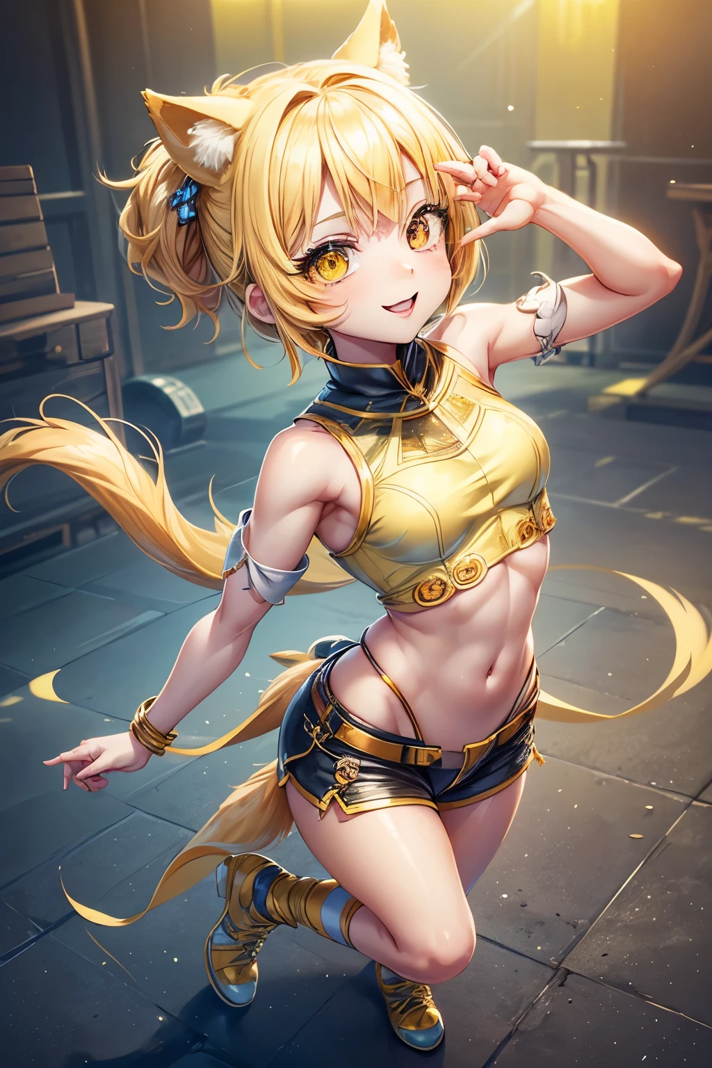 girl, full body, cartoon style, chibi style, cute, dog tail, dog ear, beautiful face, smile face, yellow color eye, beautiful eye, high detailed pupil, double eyeylid, high detailed skin, high quality skin, yellow color hair, very short hair, beautiful titis, perfect body, sexy dance, white clothes, masterpiece,