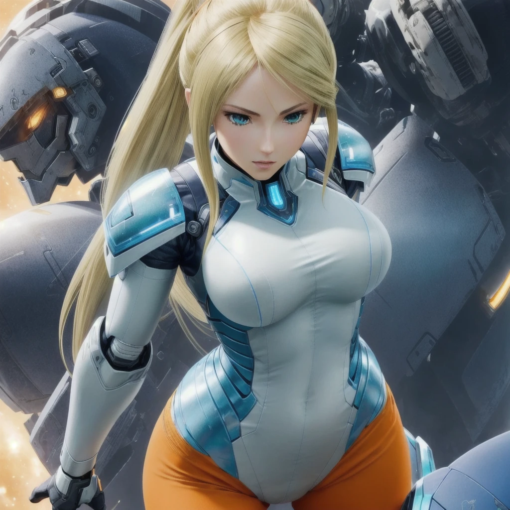 a close up of a woman in a white and blue outfit, knights of zodiac girl, portrait knights of zodiac girl, cushart krenz key art feminine, cyborg goddess in cosmos, best anime 4k konachan wallpaper, girl in mecha cyber armor, mechanized valkyrie girl, ferra white mecha, high detailed official artwork, advanced digital anime art(rule of thirds), (masterpiece), (highly detailed), (realistic), (photorealistic), (1girl, blonde hair, ponytail, green eyes, dynamic pose, cowboy shot, arms moving, orange sleeveless shirt, orange hotpants, looking at viewer,) 