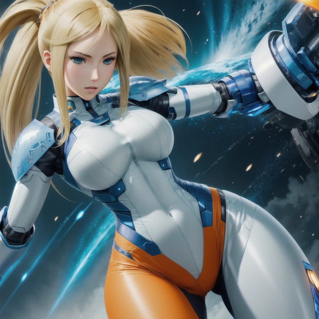 a close up of a woman in a white and blue outfit, knights of zodiac girl, portrait knights of zodiac girl, cushart krenz key art feminine, cyborg goddess in cosmos, best anime 4k konachan wallpaper, girl in mecha cyber armor, mechanized valkyrie girl, ferra white mecha, high detailed official artwork, advanced digital anime art(rule of thirds), (masterpiece), (highly detailed), (realistic), (photorealistic), (1girl, blonde hair, ponytail, green eyes, dynamic pose, cowboy shot, arms moving, orange sleeveless shirt, orange hotpants, looking at viewer,)