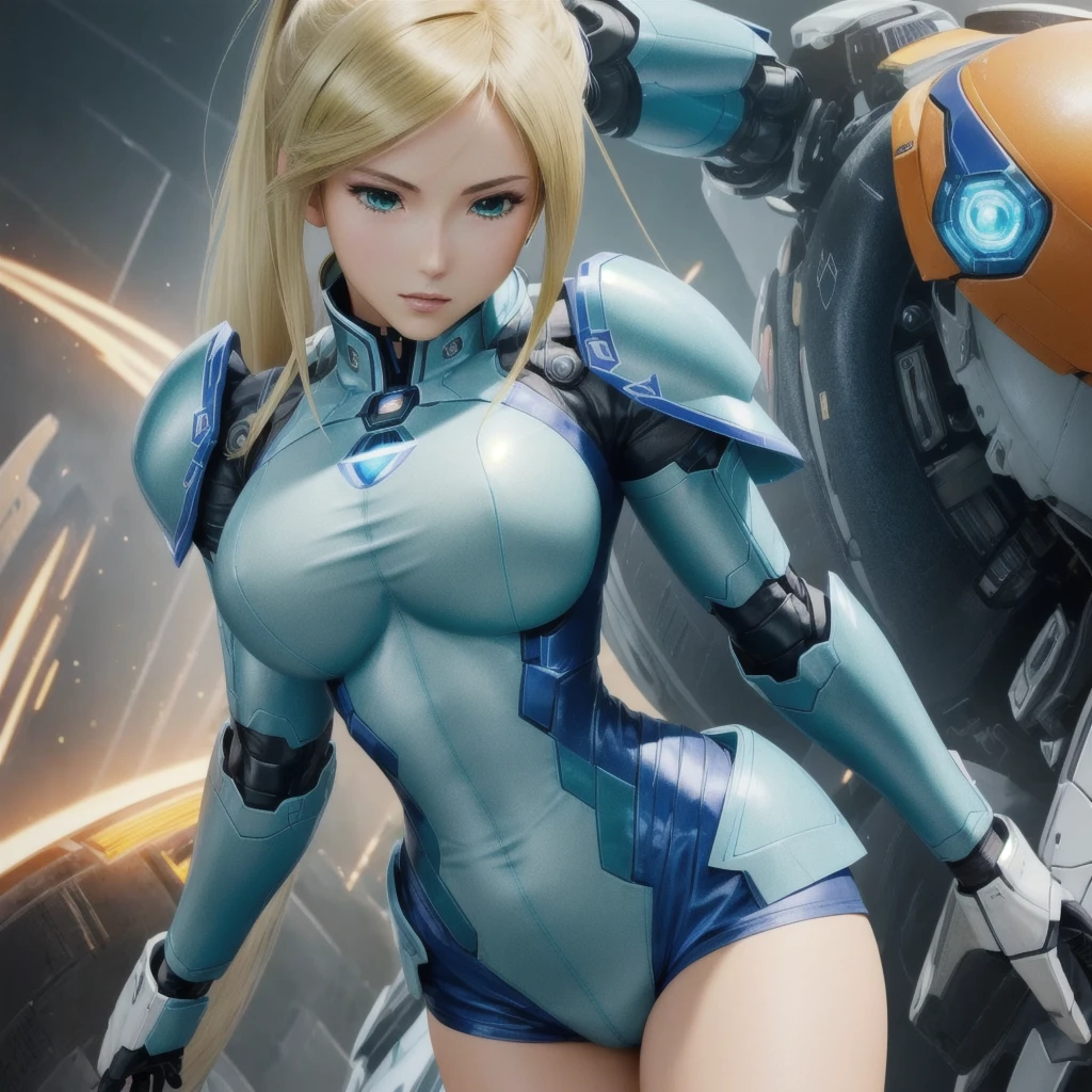 a close up of a woman in a white and blue outfit, knights of zodiac girl, portrait knights of zodiac girl, cushart krenz key art feminine, cyborg goddess in cosmos, best anime 4k konachan wallpaper, girl in mecha cyber armor, mechanized valkyrie girl, ferra white mecha, high detailed official artwork, advanced digital anime art(rule of thirds), (masterpiece), (highly detailed), (realistic), (photorealistic), (1girl, blonde hair, ponytail, green eyes, dynamic pose, cowboy shot, arms moving, orange sleeveless shirt, orange hotpants, looking at viewer,) 