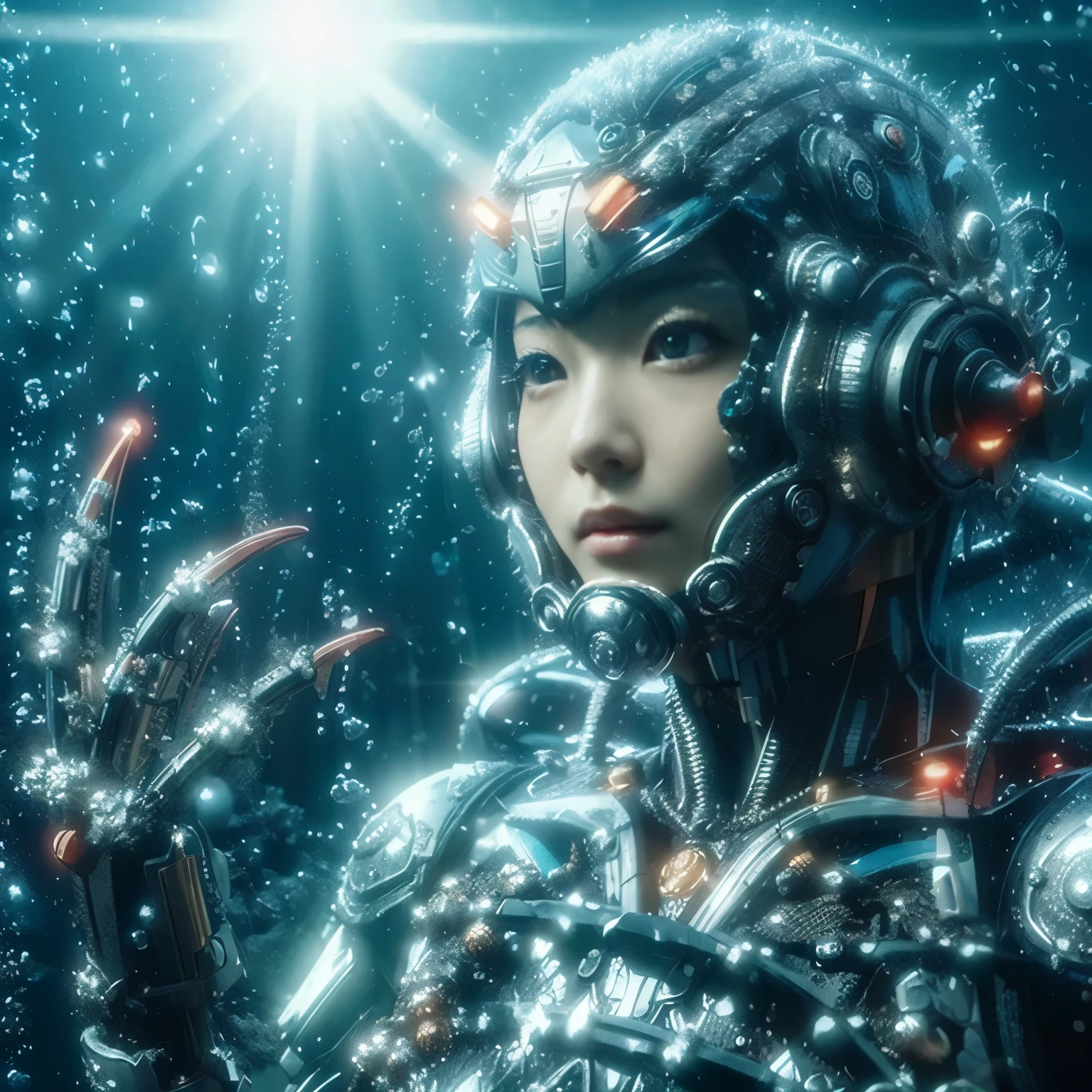 (masterpiece, best quality:1.2), (8k uhd, 16k, 32k, ultra high res), (photorealistic:1.37), (RAW photo), ultimate-realistic, ultimate-realistic details, ultimate-realistic texture, ultimate-intricate details, ultimate-realistic lighting, ultimate-realistic shadow, japanese girl, ultimate-cute face, ultimate-RAW skin, ultimate-realistic eyes, A Japanese woman wearing a mechanical armor fused with the Great King Gusokumushi, a very beautiful face, underwater, cavitation, falling sunlight, swaying sea surface