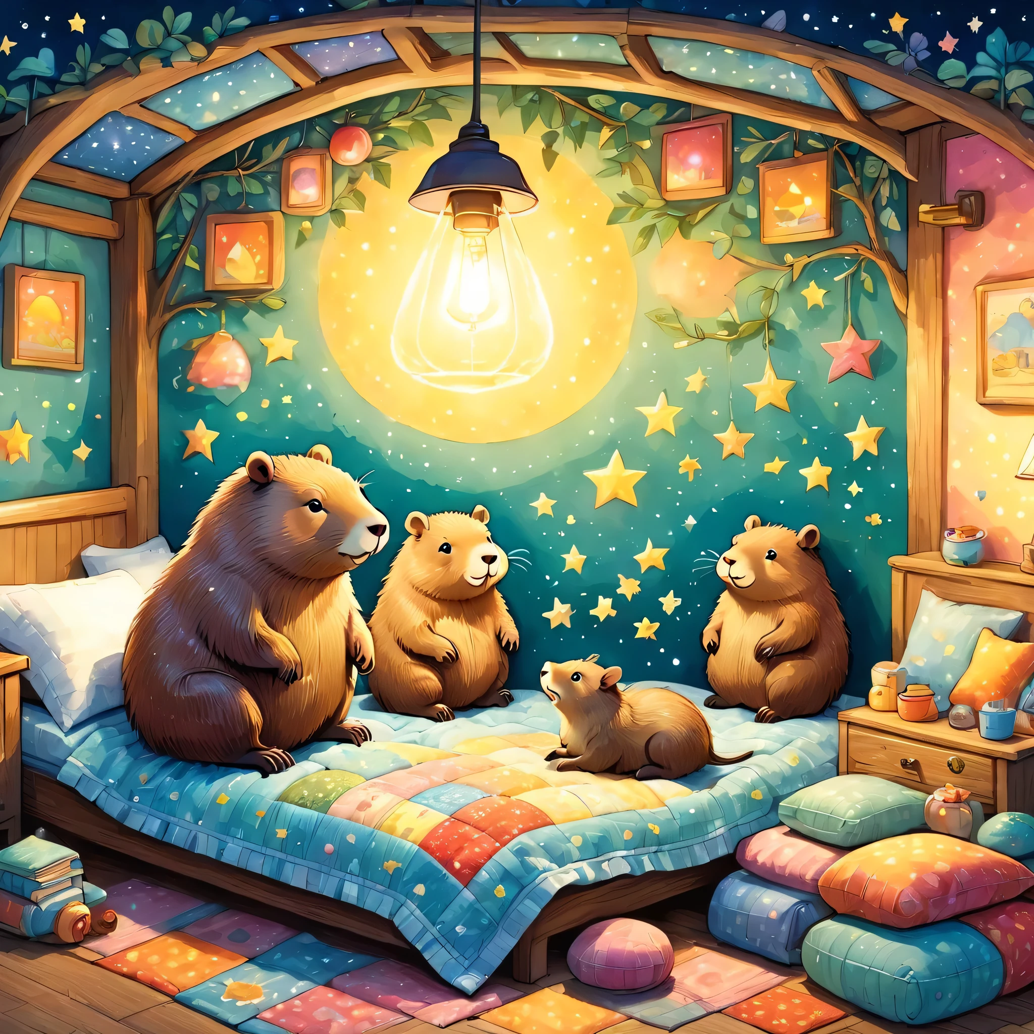 cuteAn illustrationカピバラの家,Capybara family:animal:hibernating:cute:Nestle:sleep:comfortable and warm:looks happy,An illustration,pop,colorful,draw with thick lines,color,dim,Lamp light,The hibernating Capybara family is asleep.:dream happy dreams,The house is warm and full of happiness,,colorful,Fancy,Fantasy,patchwork:quilt,detailed details,fluffy,Randolph Caldecott Style,Rich colors,Cast colorful spells,concentrated,The best configuration,Perfect composition,accent,An illustration that children will enjoy,For kids,feel warm,wonderful like a dream,Happy and fun looking capybaras,Little,Cast colorful spells,Sparkling,Anatomically correct,pajamas