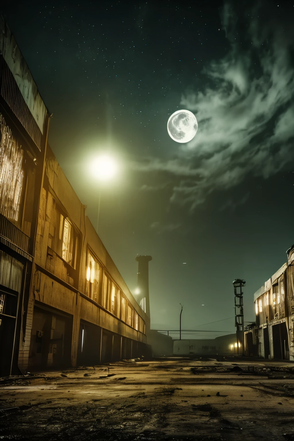 night factory, Abandoned Factories, night view, retro, moon light, dark scene, dark mist, horror, high detailed, high quality, real shadow, masterpiece,