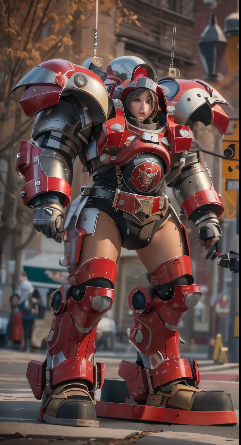 (The main subject: Wide-angle lens), salama,Singer Madonna as Marine Astartes, (Show on the(humongous large breast)Power mech) colours: red colour, (warhammer40k),Realistic metal mech,ultimate intricate details, Standing in the street.(Best quality,4K,8K,A high resolution,Masterpiece:1.2),(Realistic,Photorealistic,photo-realistic:1.37)