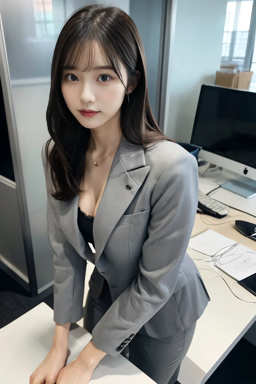 Huge 、G-Cup、Woman in grey suit、Wearing a gray lim、slender、、Age 25、Crouched in an empty office、I&#39;View from above