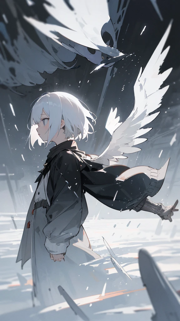 (masterpiece、highest quality)、Short nape hair、1 girl with very short white hair、Black cardigan、Grim expression、Grey Eyes、Warm lighting、 Blurred foreground、night深く、High Contrast、night、In the city,it's snowing,Heavy snowfall,winter,Alone in the vast snowy field,whole body,curse,Facing forward,Huge construction,Flying with robot wings