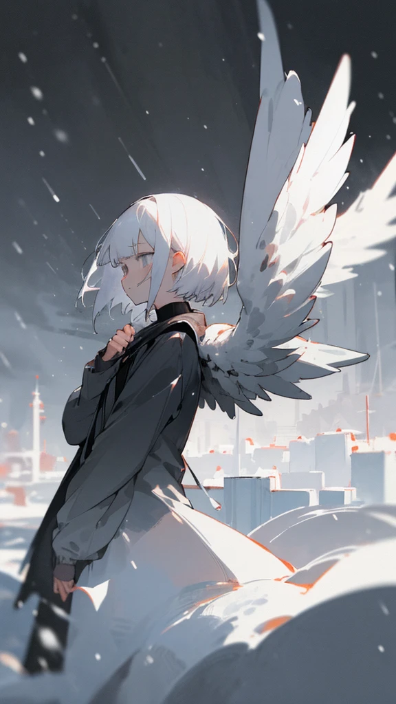 (masterpiece、highest quality)、Short nape hair、1 girl with very short white hair、Black cardigan、Grim expression、Grey Eyes、Warm lighting、 Blurred foreground、night深く、High Contrast、night、In the city,it&#39;s snowing,Heavy snowfall,winter,Alone in the vast snowy field,whole body,curse,Facing forward,Huge construction,Flying with robot wings