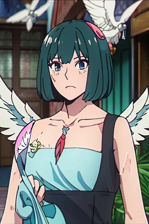 cloth,big_chest,short hair ,Wings with feathers