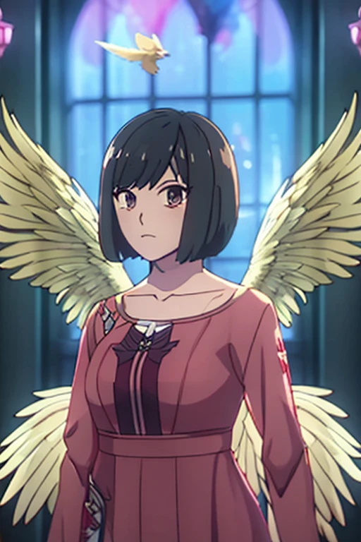 cloth,big_chest,short hair ,Wings with feathers