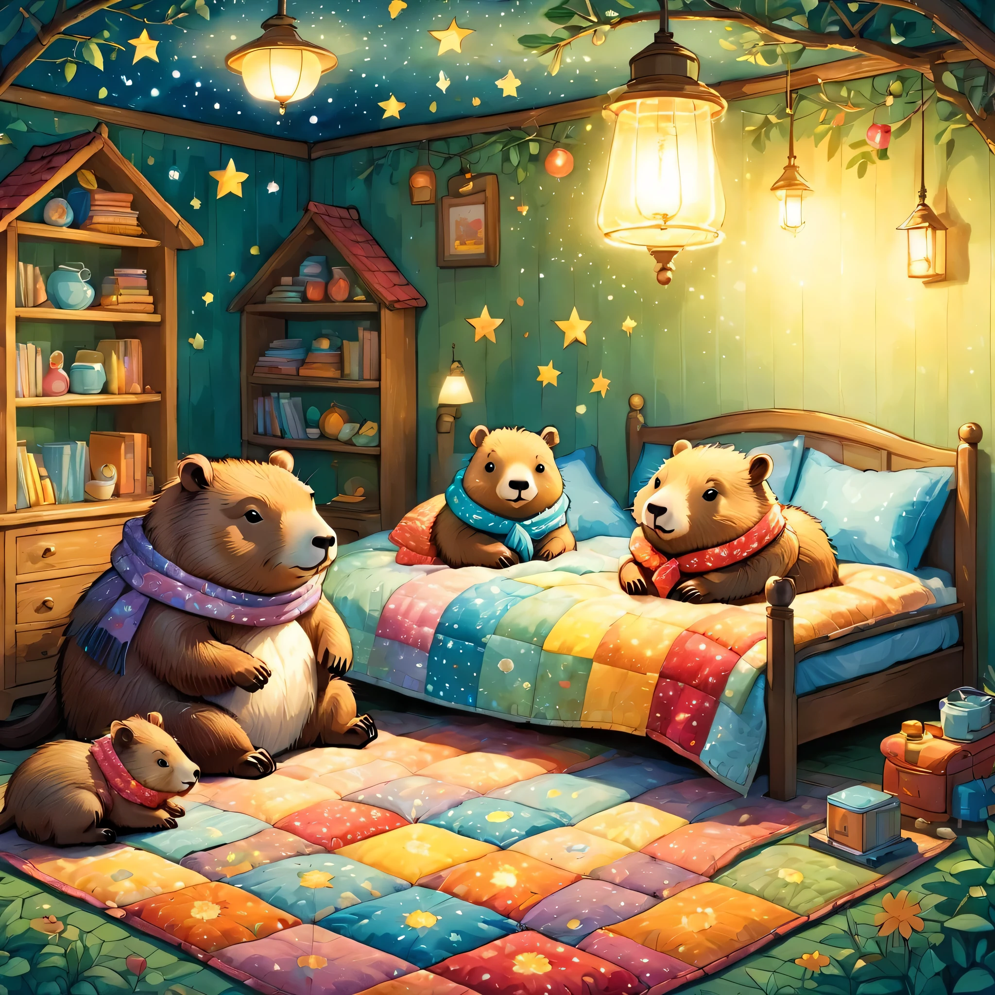 cuteAn illustrationカピバラの家,Capybara family:animal:hibernating:cute:Nestle:sleep:comfortable and warm:looks happy,An illustration,pop,colorful,draw with thick lines,color,dim,Lamp light,The hibernating Capybara family is asleep.:dream happy dreams,The house is warm and full of happiness,,colorful,Fancy,Fantasy,patchwork:quilt,detailed details,fluffy,Randolph Caldecott Style,Rich colors,Cast colorful spells,concentrated,The best configuration,Perfect composition,accent,An illustration that children will enjoy,For kids,feel warm,wonderful like a dream,Happy and fun looking capybaras,Little,Cast colorful spells,Sparkling,Anatomically correct,scarf