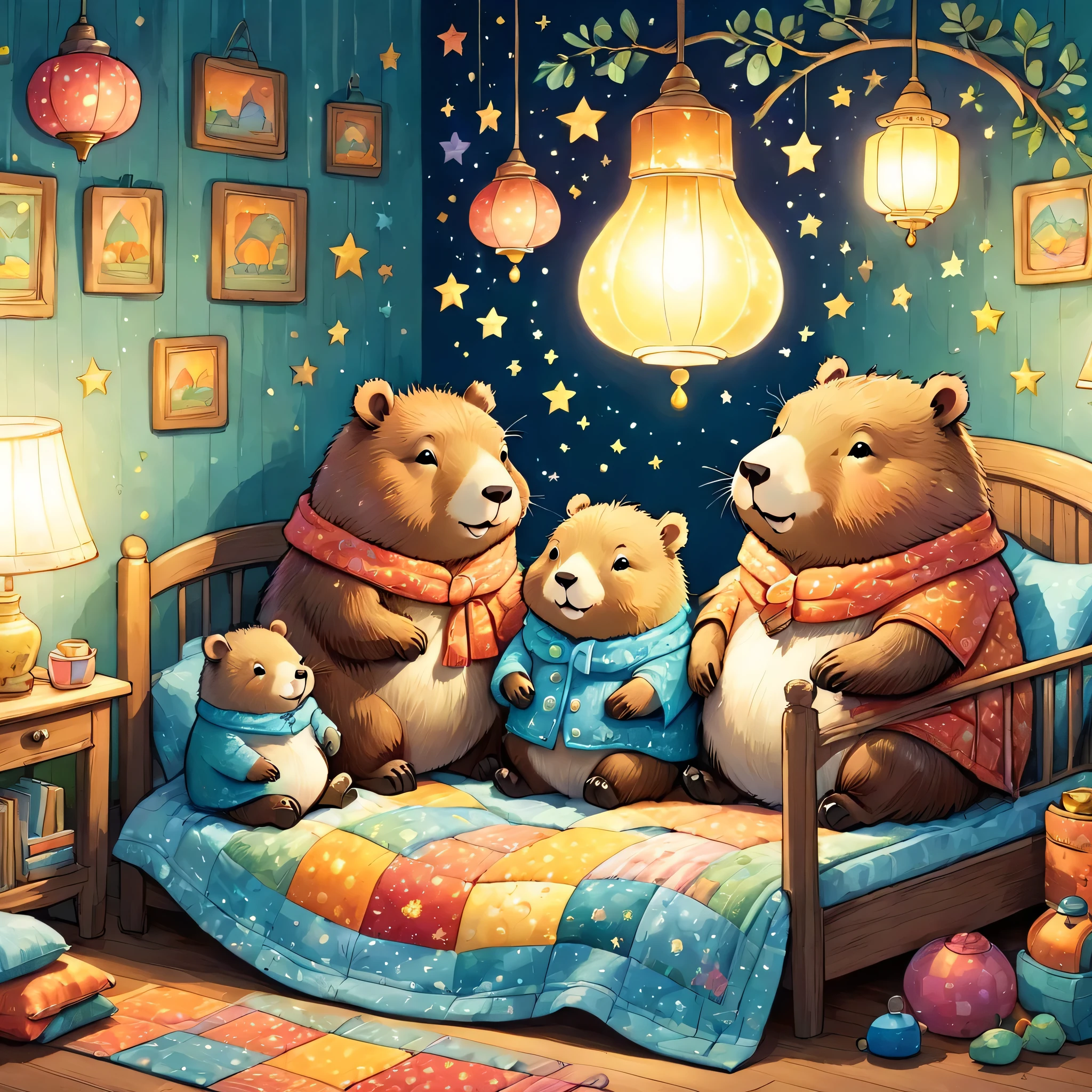 cuteAn illustrationカピバラの家,Capybara family:animal:hibernating:cute:Nestle:sleep:comfortable and warm:looks happy,An illustration,pop,colorful,draw with thick lines,color,dim,Lamp light,The hibernating Capybara family is asleep.:dream happy dreams,The house is warm and full of happiness,,colorful,Fancy,Fantasy,patchwork:quilt,detailed details,fluffy,Randolph Caldecott Style,Rich colors,Cast colorful spells,concentrated,The best configuration,Perfect composition,accent,An illustration that children will enjoy,For ,feel warm,wonderful like a dream,Happy and fun looking capybaras,Little,Cast colorful spells,Sparkling,Anatomically correct