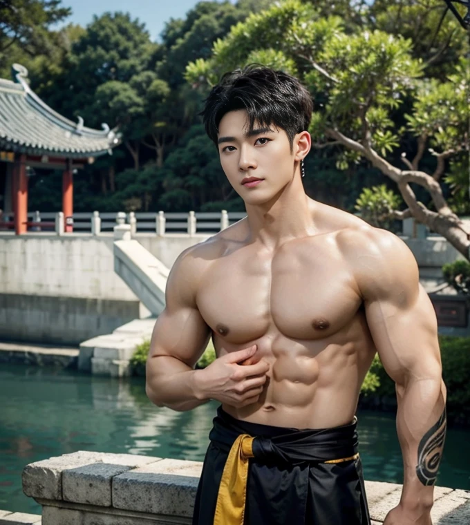 2 Handsome chinese guy kissing, smilling at each other, bare chest , show the abs, 20 years old,hug, cuddle, touching lips, skin ship, romantic, Asian, chinese hansome actor, kpop idol, handsome male model,manly, master work, best picture quality, higher quality, high detail, super high resolution, 8k resolution, perfect clear light,perfect eyes, perfect skin, manly jawline, manly chin, perfect hands, big chest muscles, bare chest, big juicy butts, tattoos chest, tattoo hands, tattoo legs, tattoo back, tattoo arms,earings, ancient pendents, braceles, glowing eyes, short hair, hair details, detailed background , open Hanfu transparent (see throught), skinny short,super thin loincloth, detailed perfect abs, Chinese garden background, Chinese kung fu,skinny dragon-themed costumes, spinning floating particles, chinese temple in background,